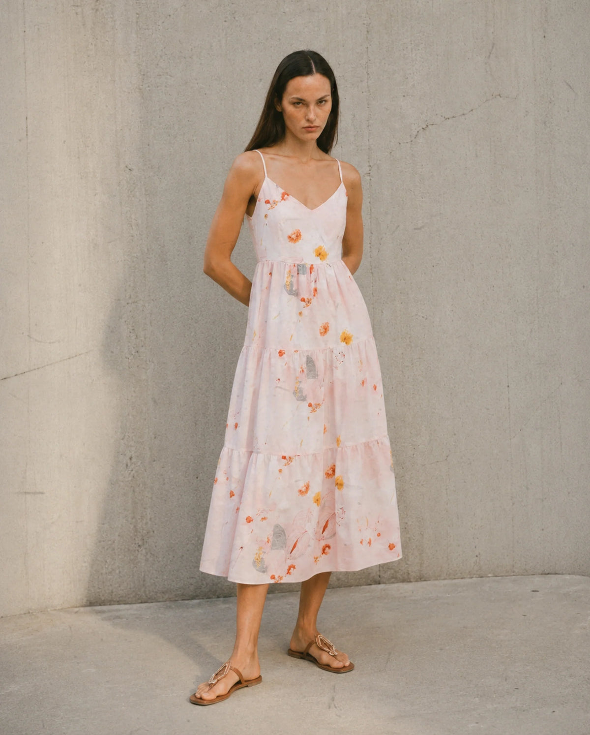 Rareism Women's Ruano Pastel Pink Cotton V-Neck Tiered Botanical Print Dress