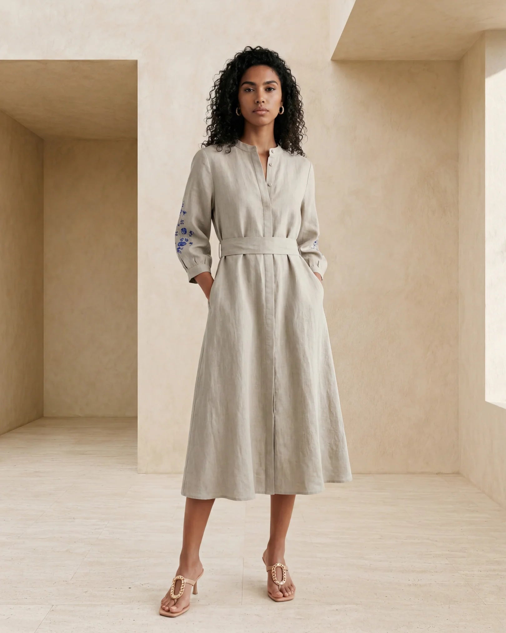 Rareism Women's Rubinot Dusky Beige 100% Linen Crew Neck Button A-Line Plain Dress