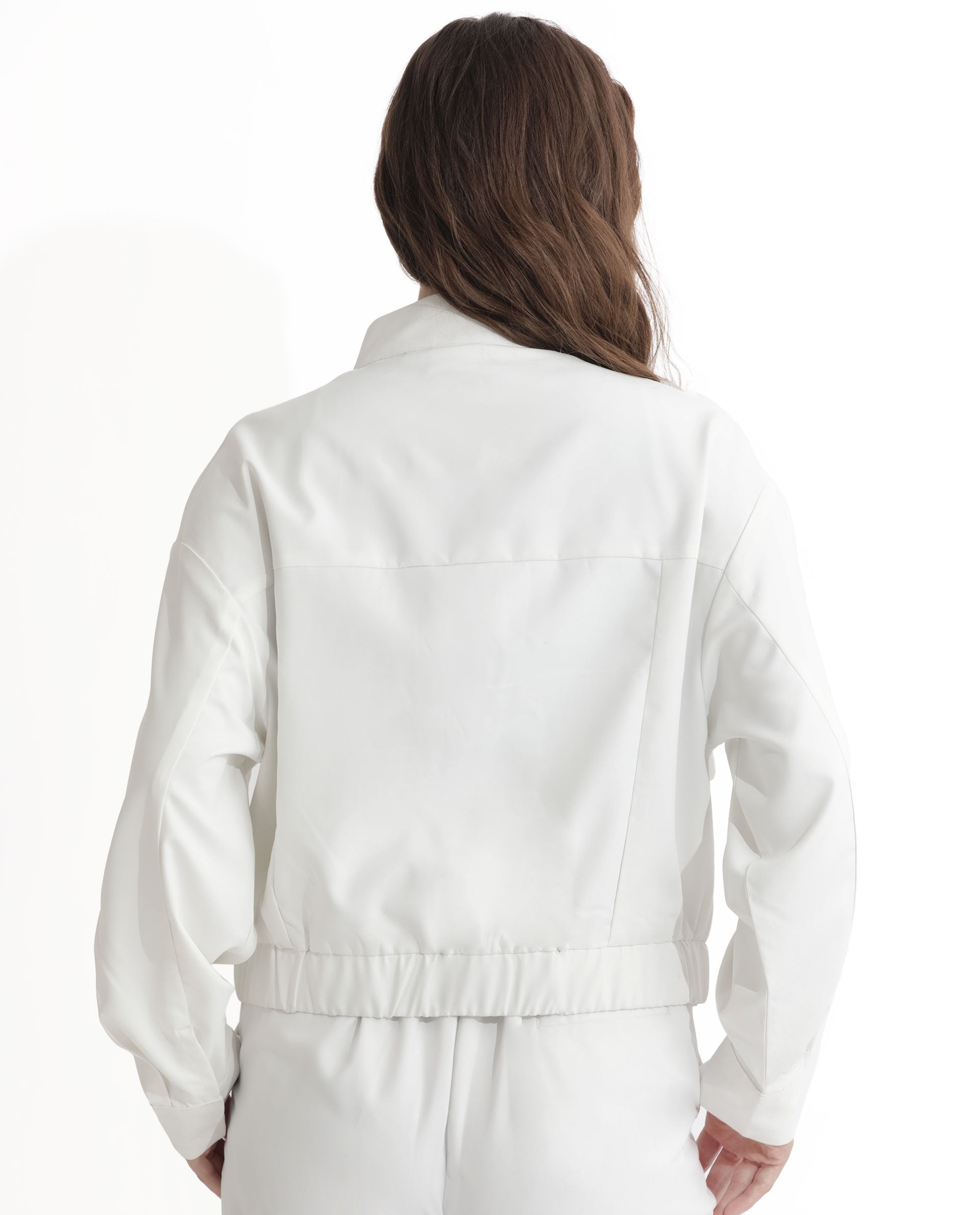 Rareism Women Ruks Off White Velvet Full Sleeves Solid High Neck Jacket