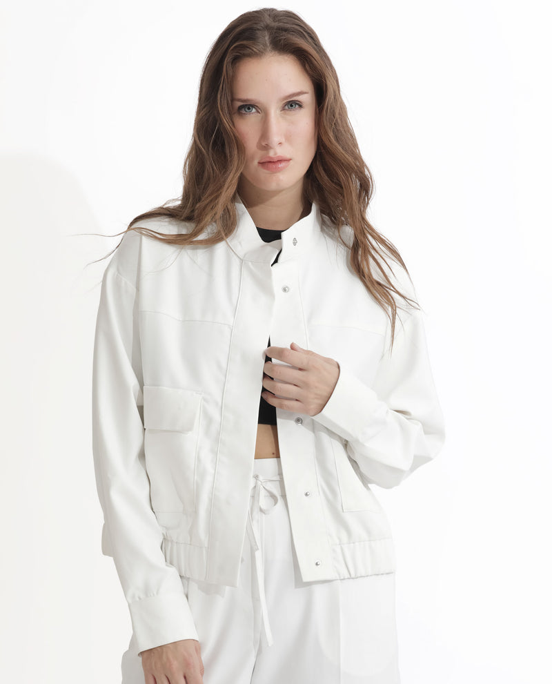 Rareism Women Ruks Off White Velvet Full Sleeves Solid High Neck Jacket