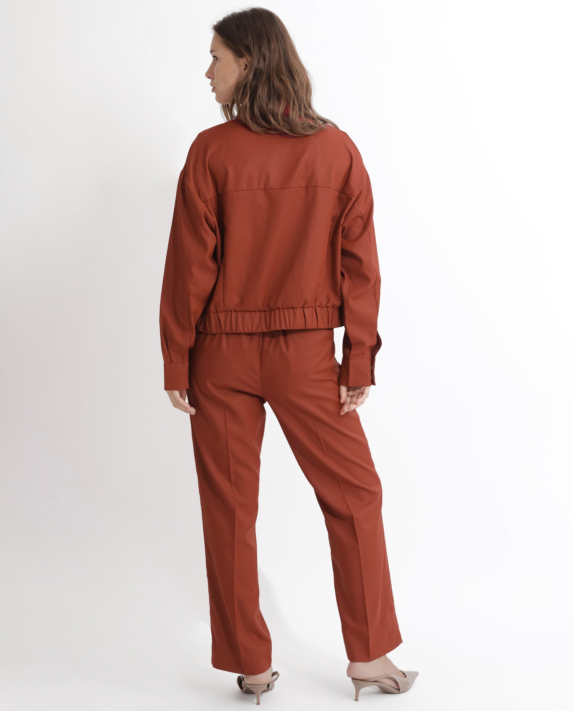 Rareism Articale Women Ruks Rust Polyester Fabric Full Sleeves Button Closure High Neck Regular Fit Plain Jacket
