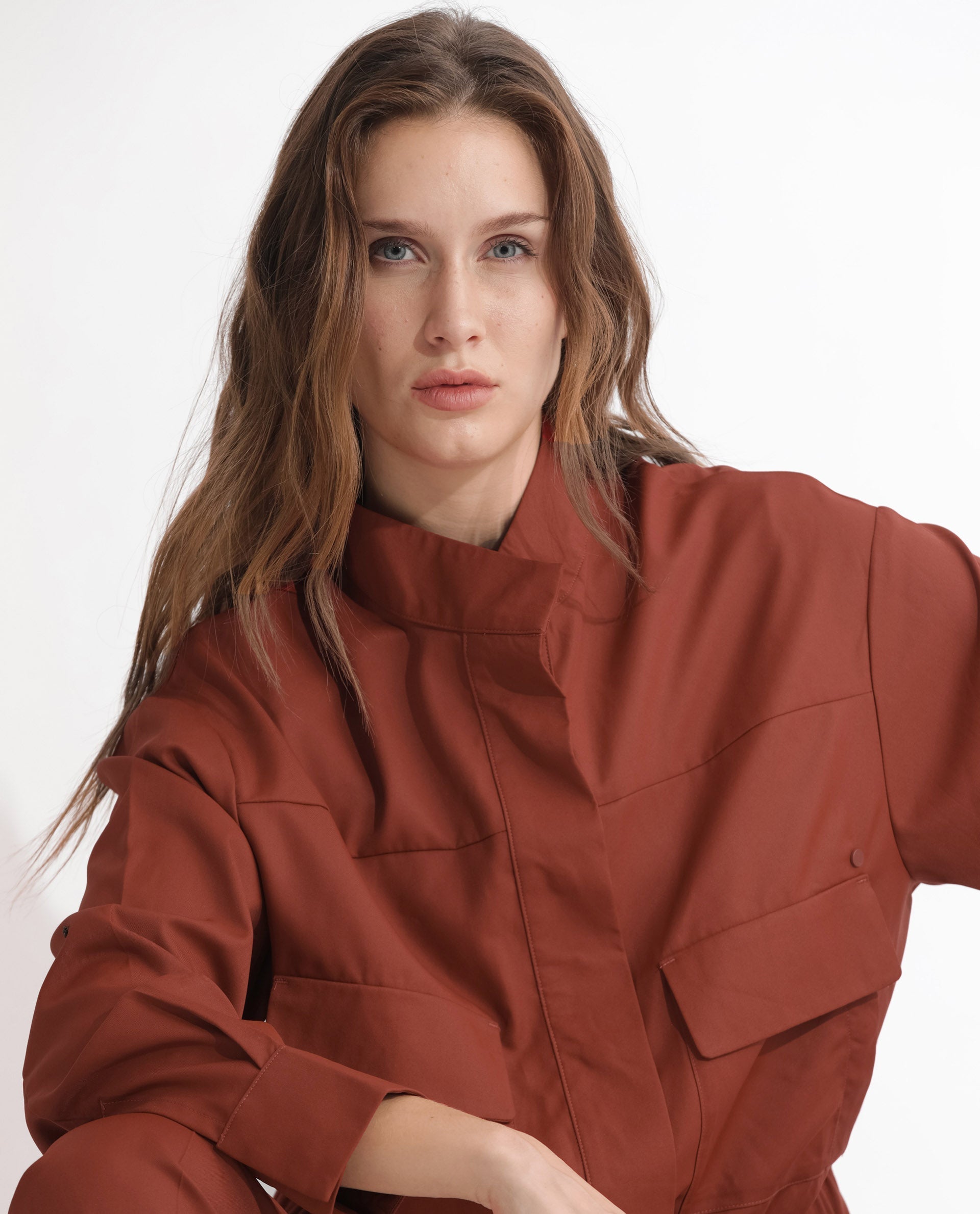 Rareism Articale Women Ruks Rust Polyester Fabric Full Sleeves Button Closure High Neck Regular Fit Plain Jacket