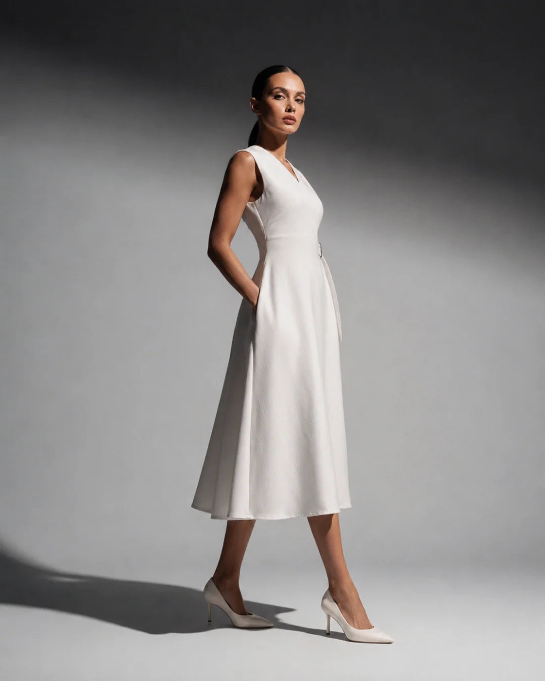 Rareism Women's Rulet Primary Beige Cotton Sleeveless V-Neck A-Line Plain Dress