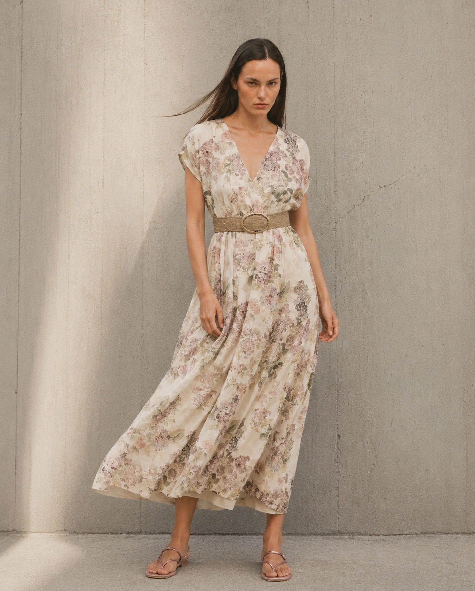 Rareism Women's Runim Light Beige Polyester V-Neck Fit And Flare Floral Print Dress