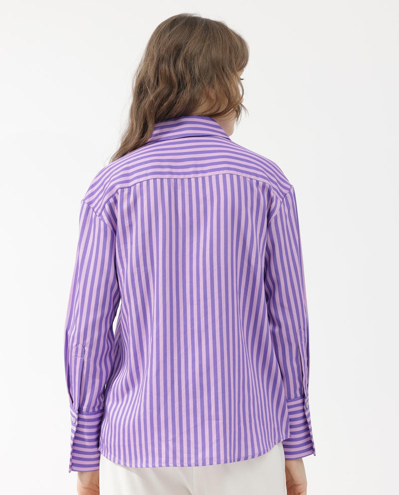 Rareism Women Runio Dusky Purple Polyester Fabric Full Sleeves Button Closure Shirt Collar Cuffed Sleeve Regular Fit Striped Shirt