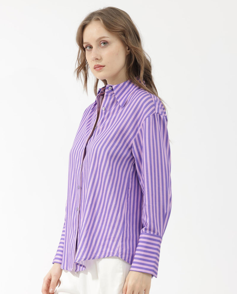 Rareism Women Runio Dusky Purple Polyester Fabric Full Sleeves Button Closure Shirt Collar Cuffed Sleeve Regular Fit Striped Shirt