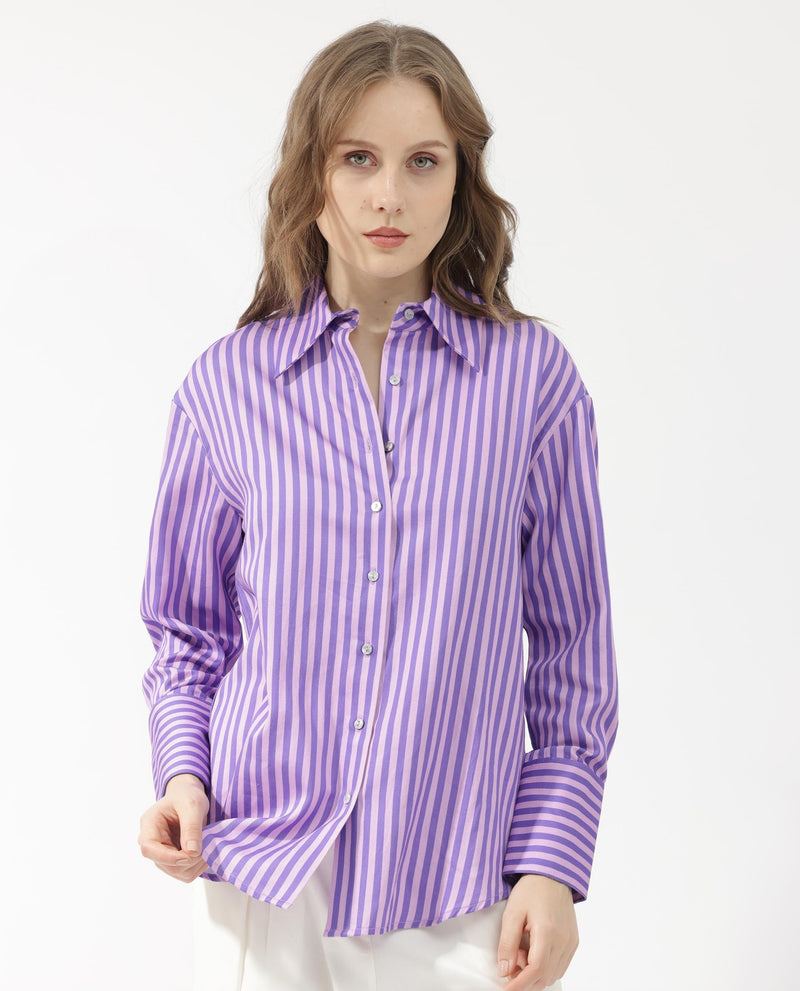 Rareism Women Runio Dusky Purple Polyester Fabric Full Sleeves Button Closure Shirt Collar Cuffed Sleeve Regular Fit Striped Shirt