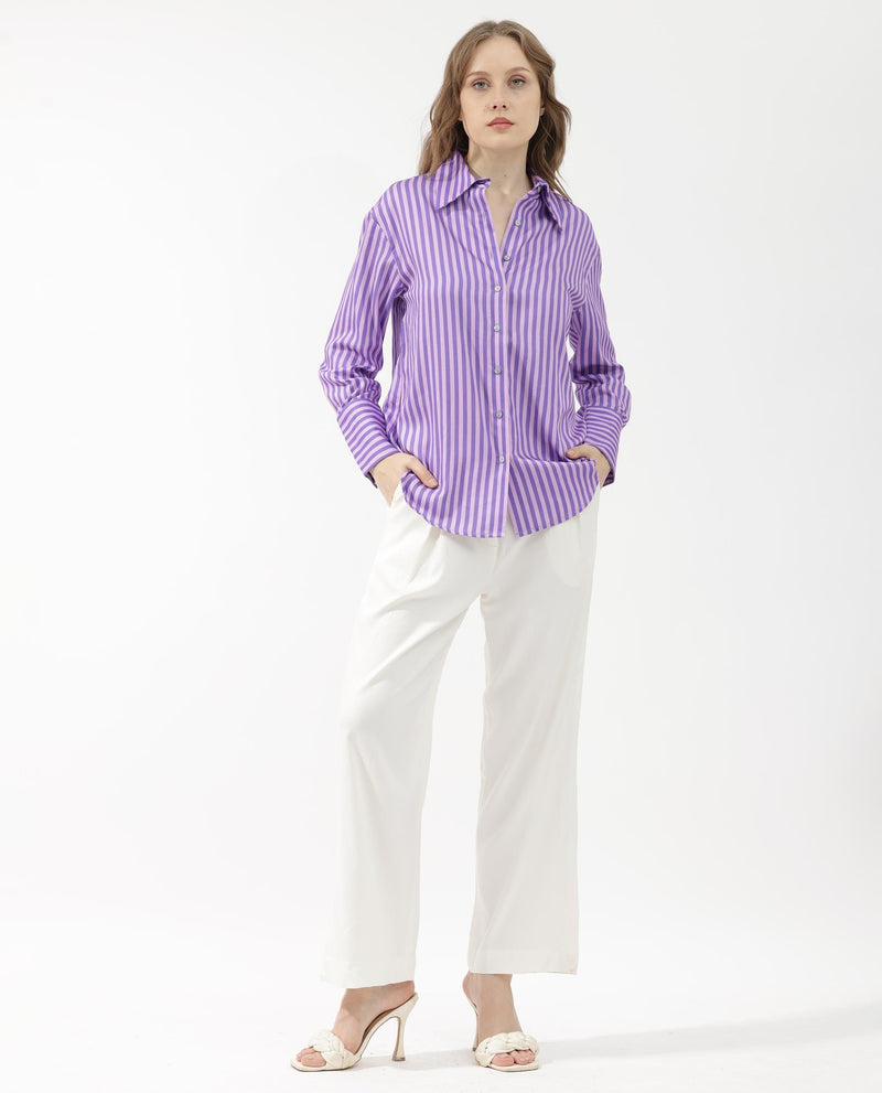 Rareism Women Runio Dusky Purple Polyester Fabric Full Sleeves Button Closure Shirt Collar Cuffed Sleeve Regular Fit Striped Shirt