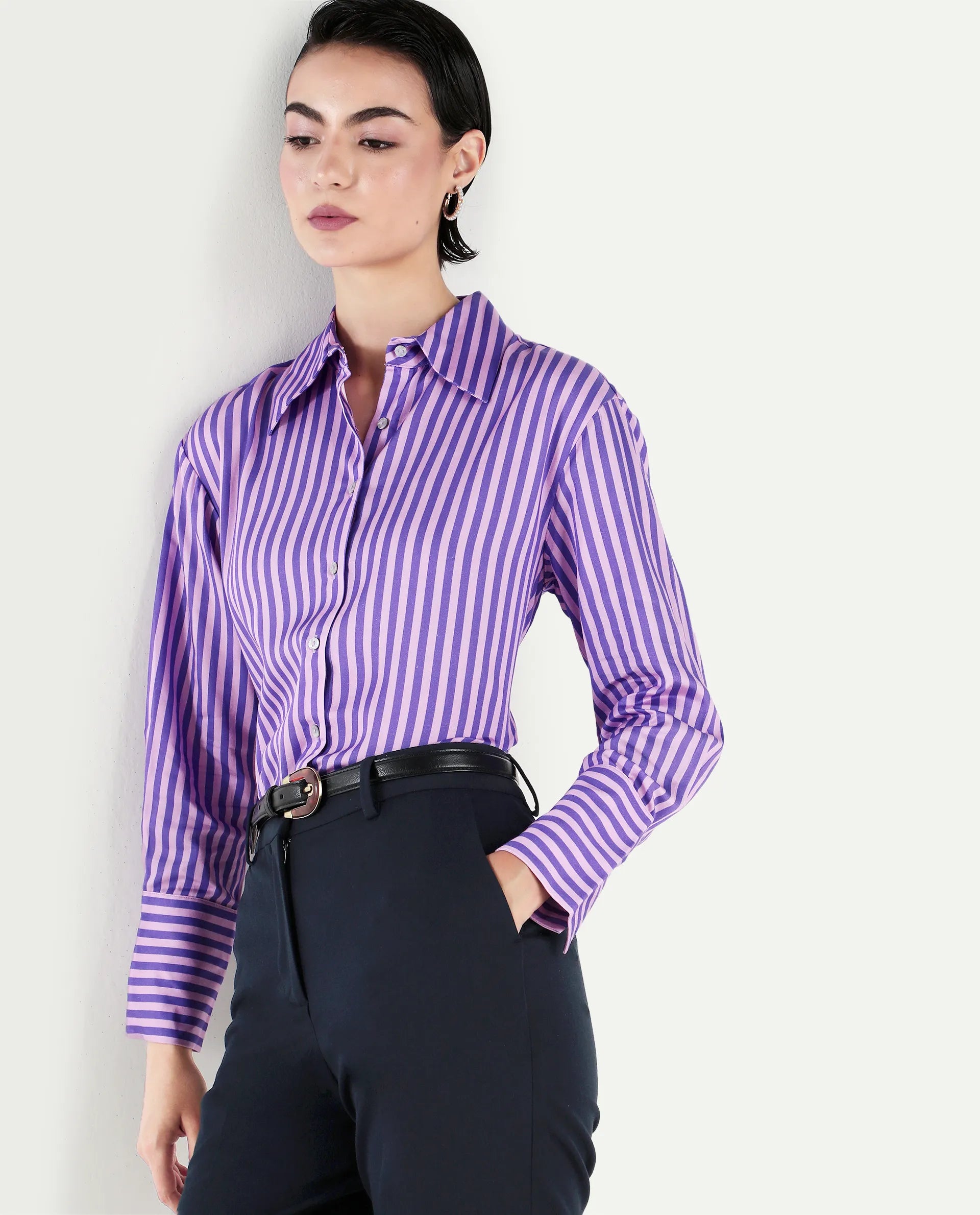 Rareism Women's Runio Dusky Purple Polyester Drop Collar Striped Cuffed Sleeve Regular Fit Shirt