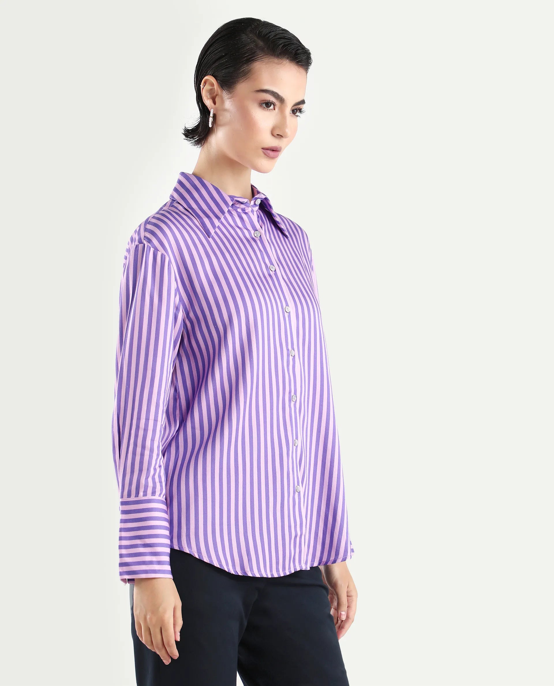 Rareism Women's Runio Dusky Purple Polyester Drop Collar Striped Cuffed Sleeve Regular Fit Shirt