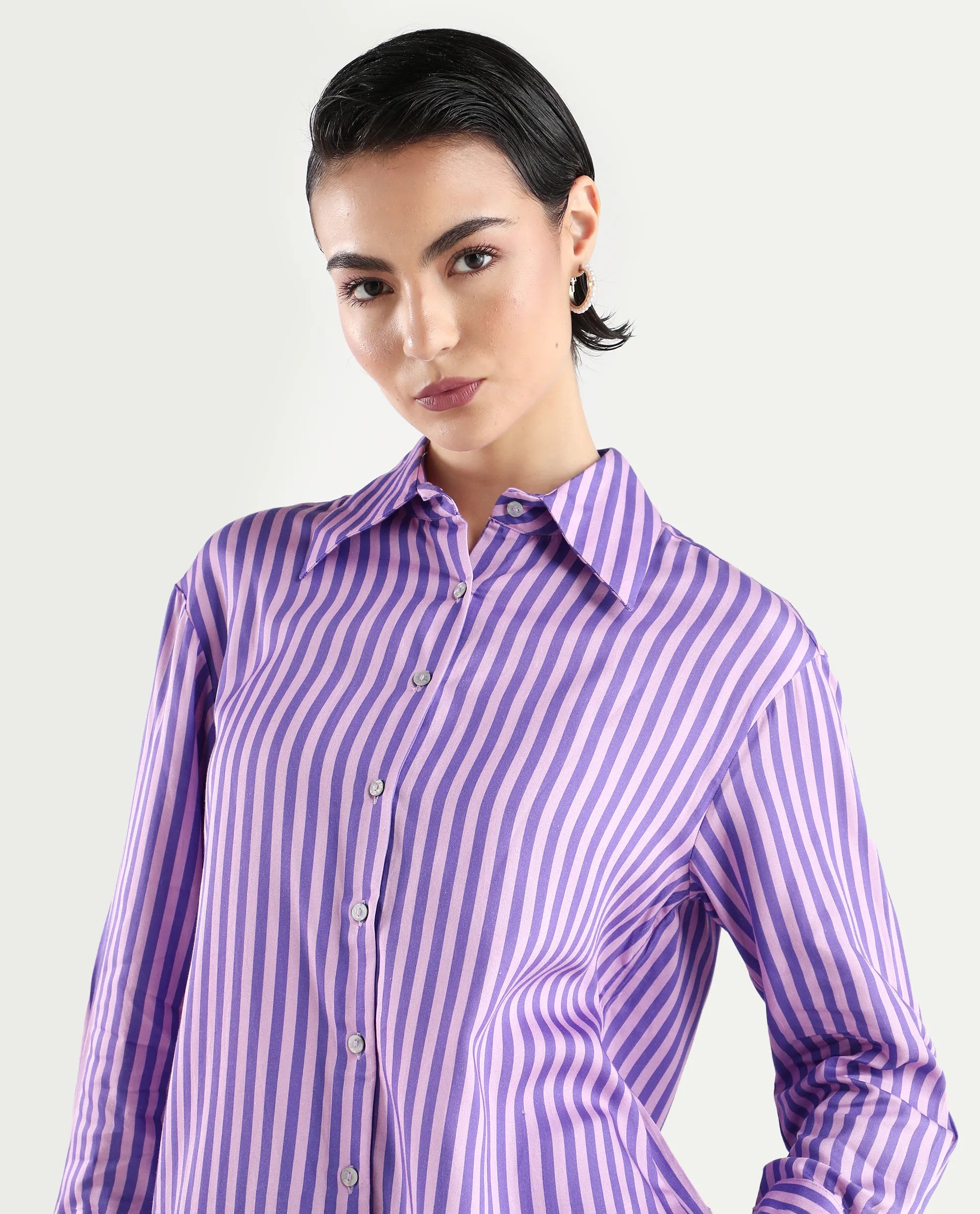 Rareism Women's Runio Dusky Purple Polyester Drop Collar Striped Cuffed Sleeve Regular Fit Shirt