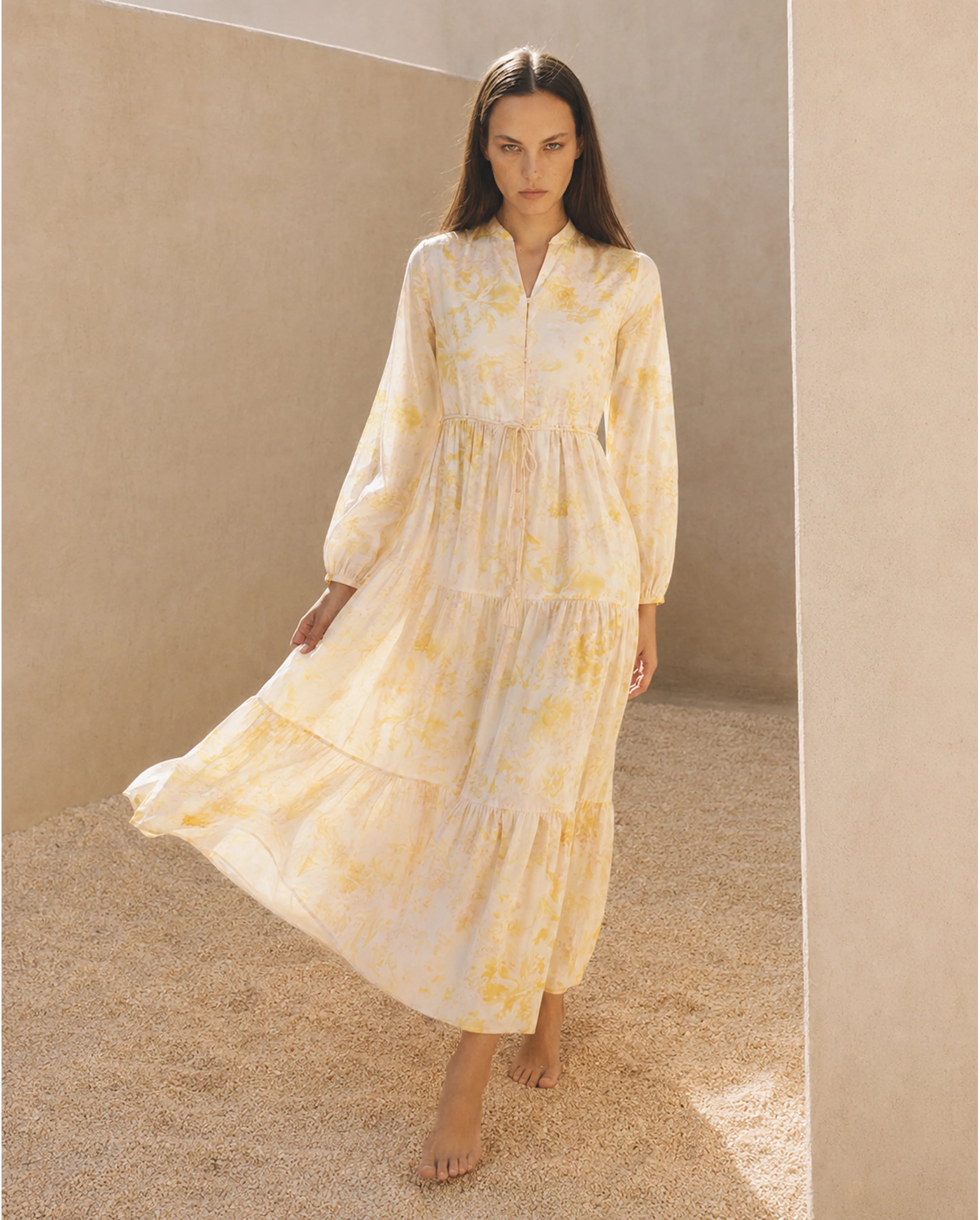 Rareism Women's Runo Yellow Cotton Band Collar Regular Floral Print Dress