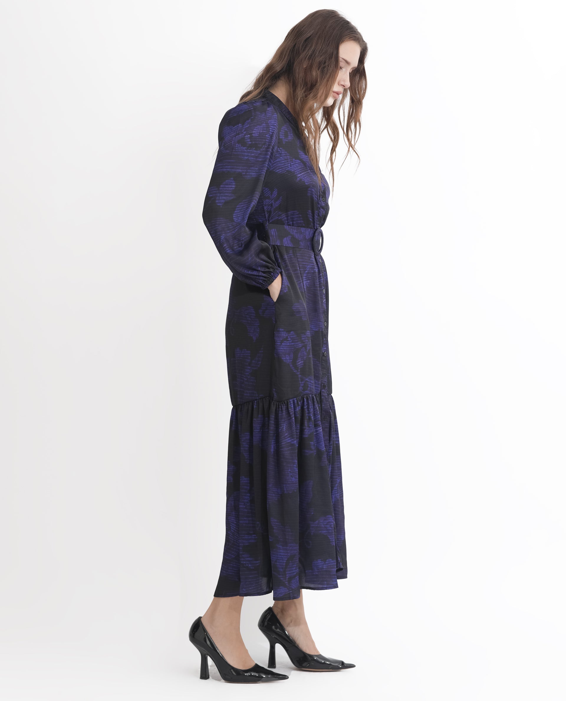 Rareism Women's Rupper Dark Navy Polyester V-Neck Abstract Print Bishop Sleeve Maxi Relaxed Fit Dress