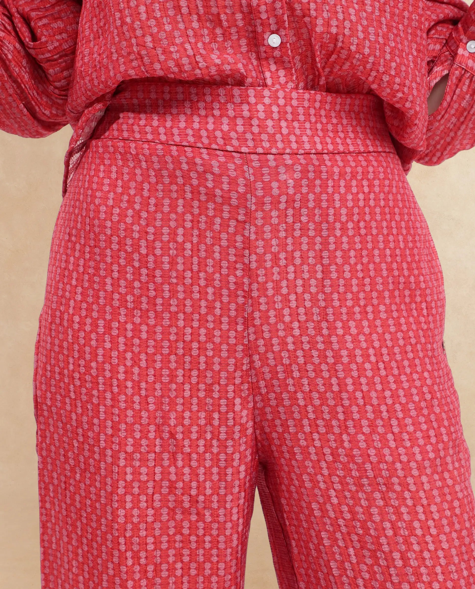 Rareism Women's Rusha-B Red Rayon Geometric Print Ankle Length Wide Trouser