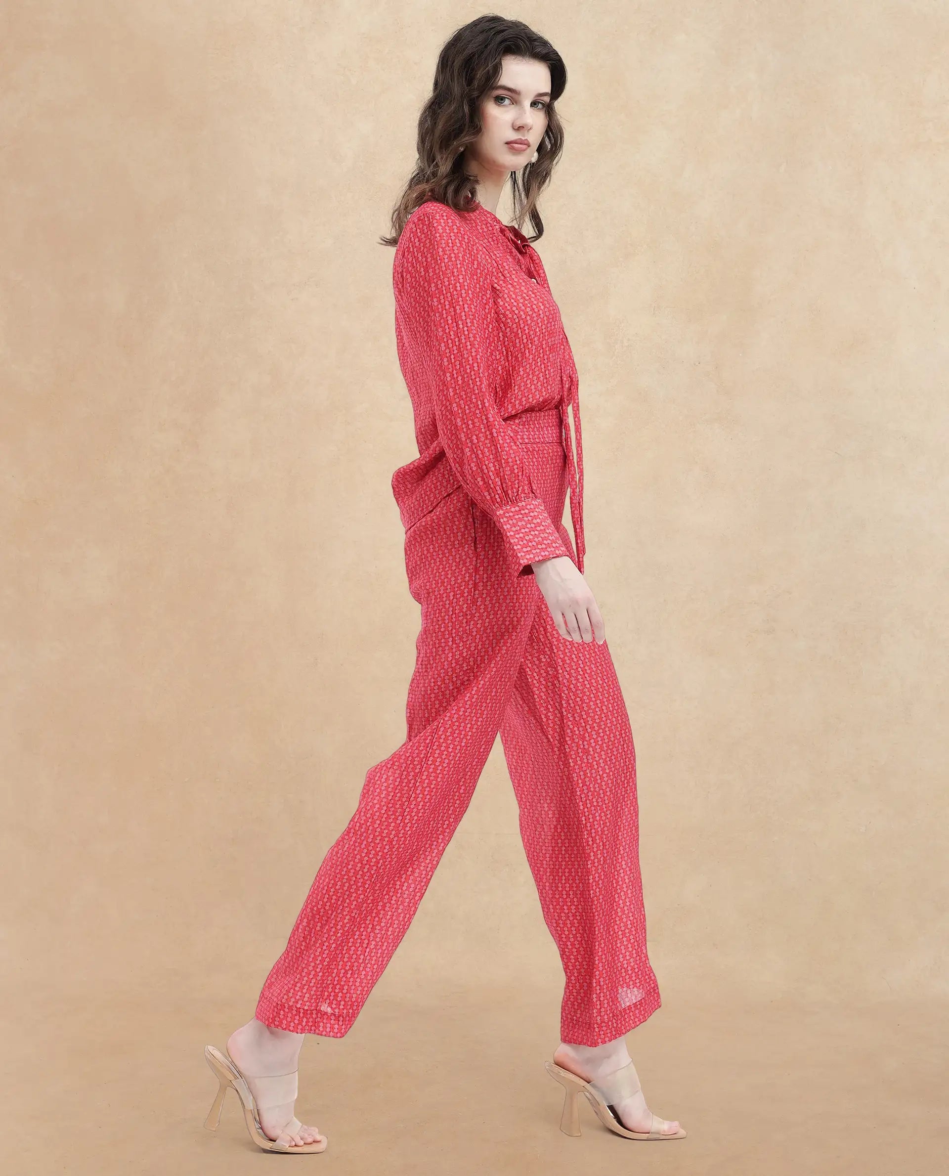 Rareism Women's Rusha-B Red Rayon Geometric Print Ankle Length Wide Trouser