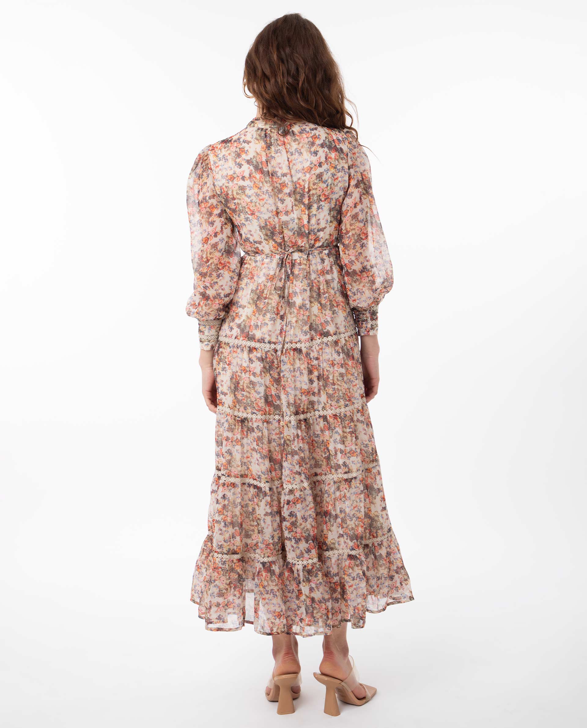 Rareism Women Russell Multi Printed Band Collar With Button Puff Full Sleeves Tiered Midi Dress