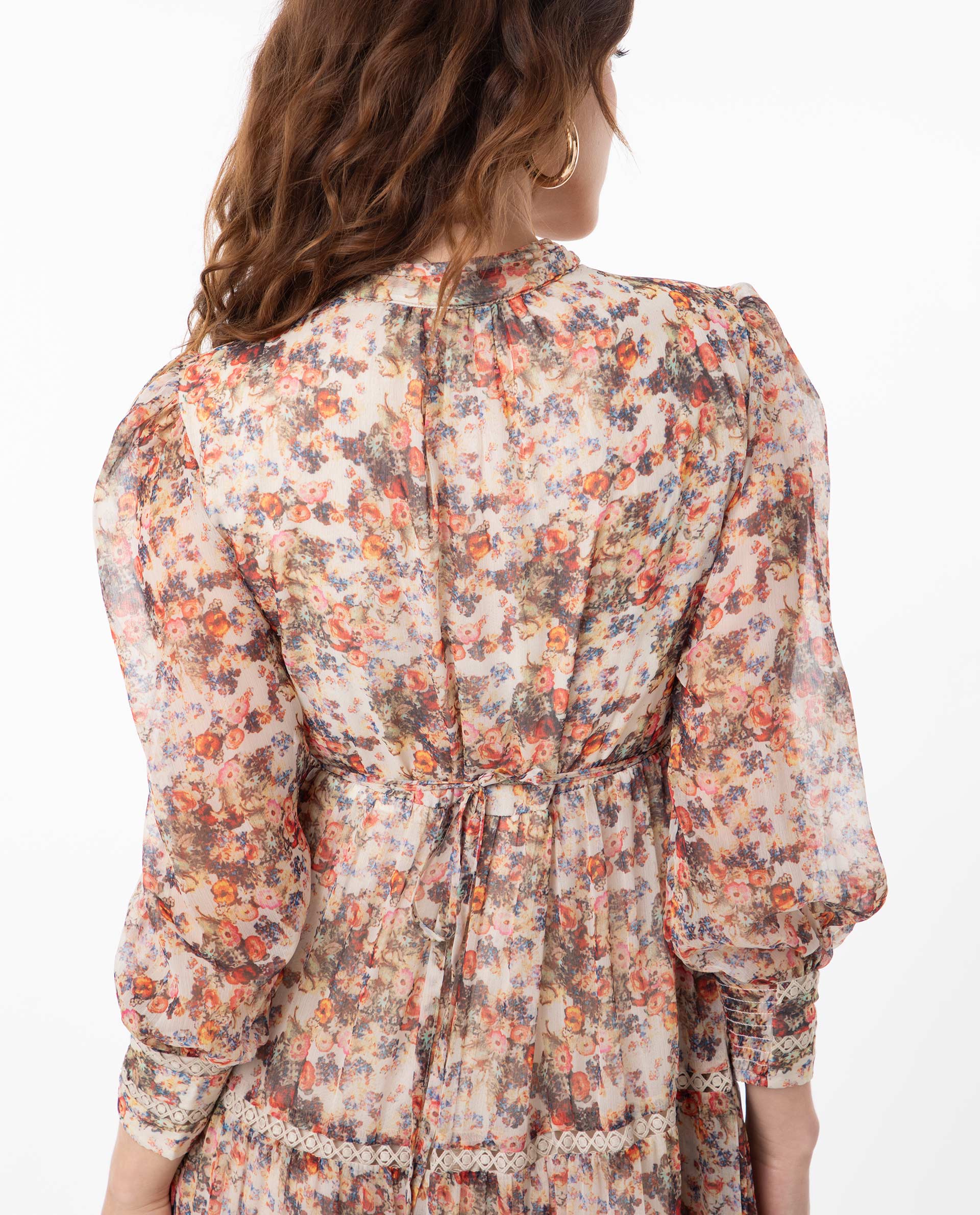 Rareism Women Russell Multi Printed Band Collar With Button Puff Full Sleeves Tiered Midi Dress