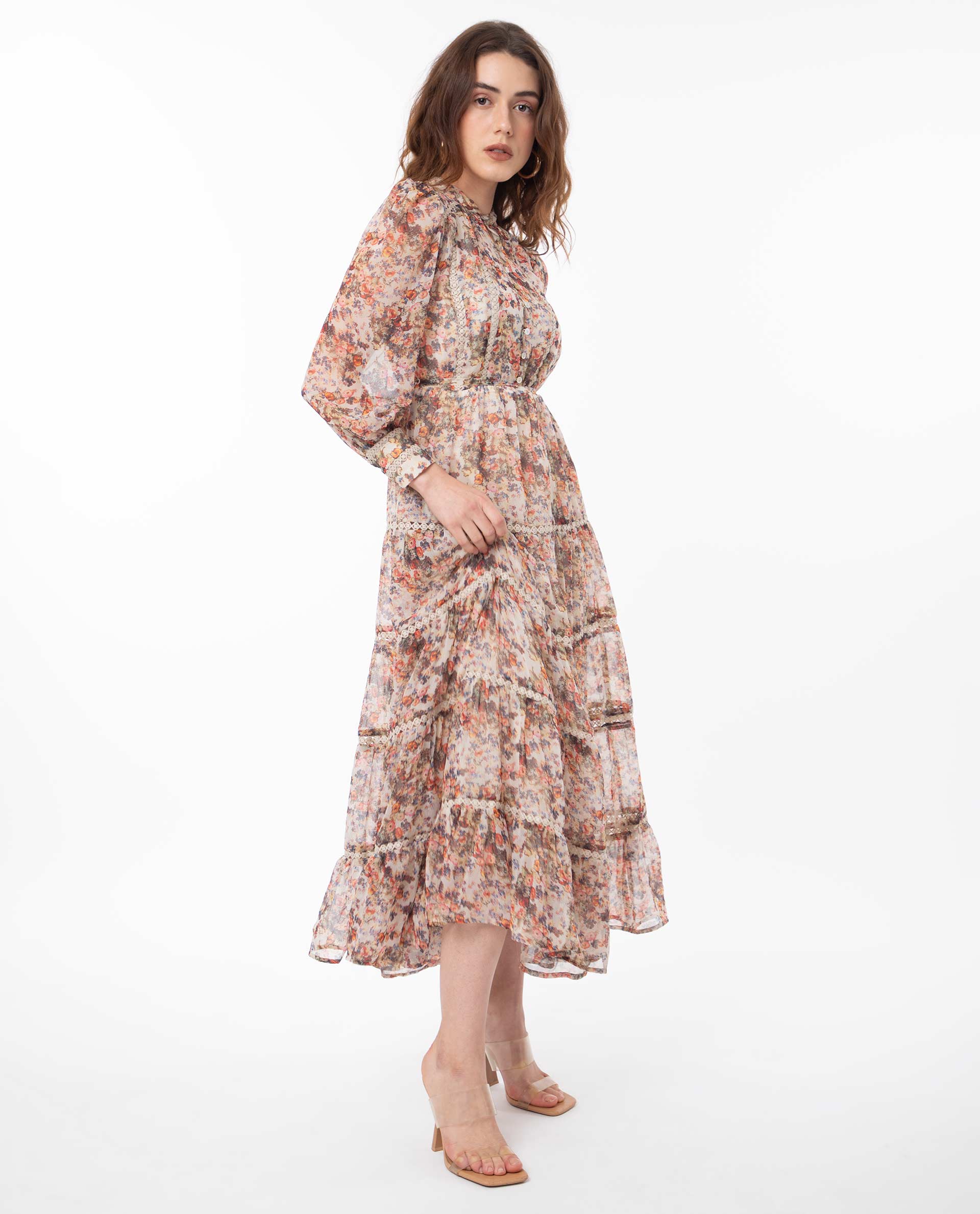 Rareism Women Russell Multi Printed Band Collar With Button Puff Full Sleeves Tiered Midi Dress