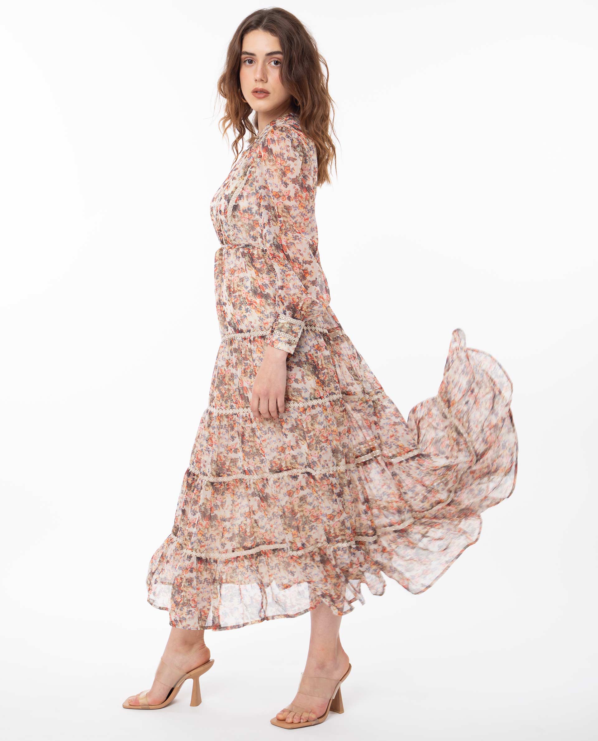 Rareism Women Russell Multi Printed Band Collar With Button Puff Full Sleeves Tiered Midi Dress