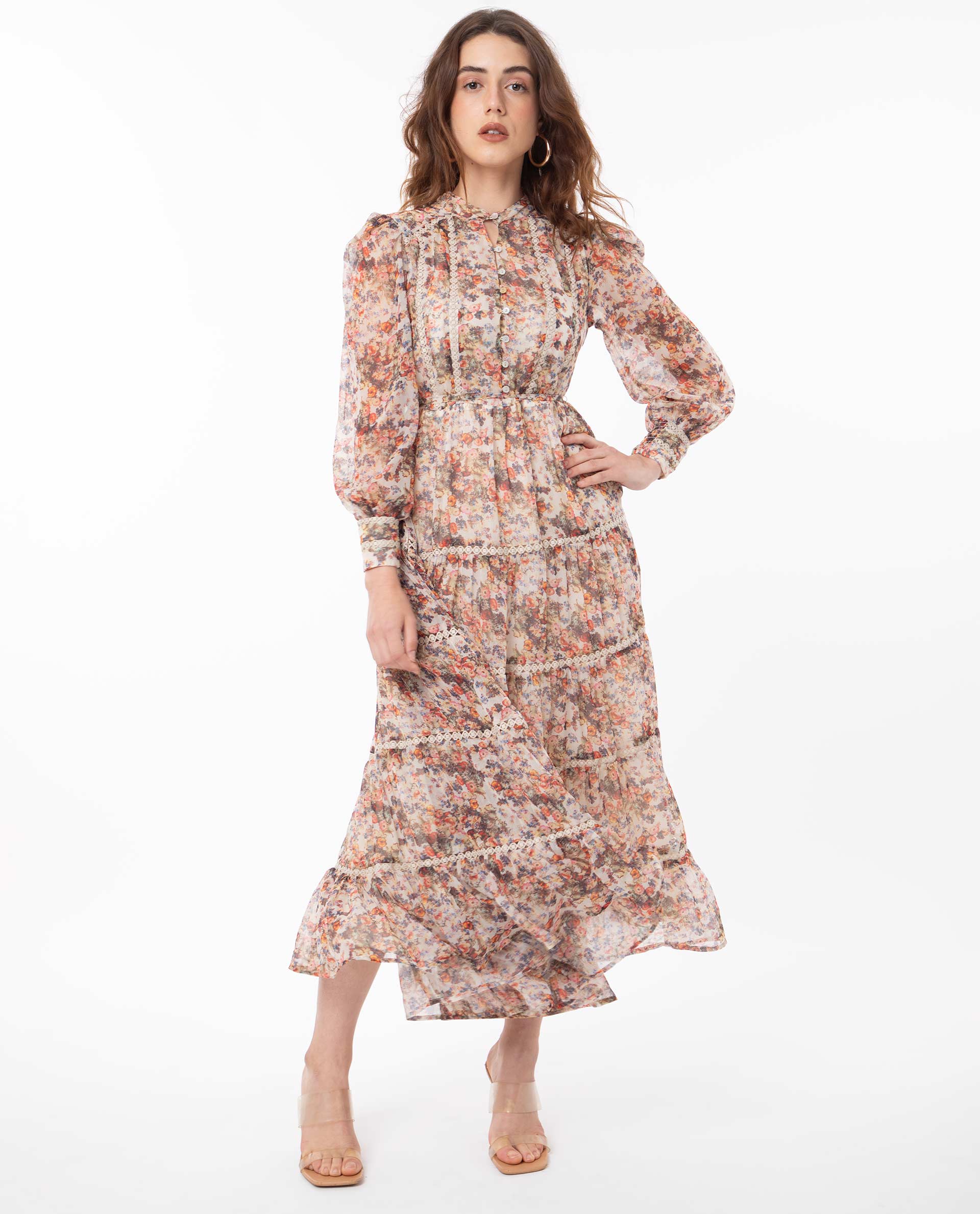 Rareism Women Russell Multi Printed Band Collar With Button Puff Full Sleeves Tiered Midi Dress