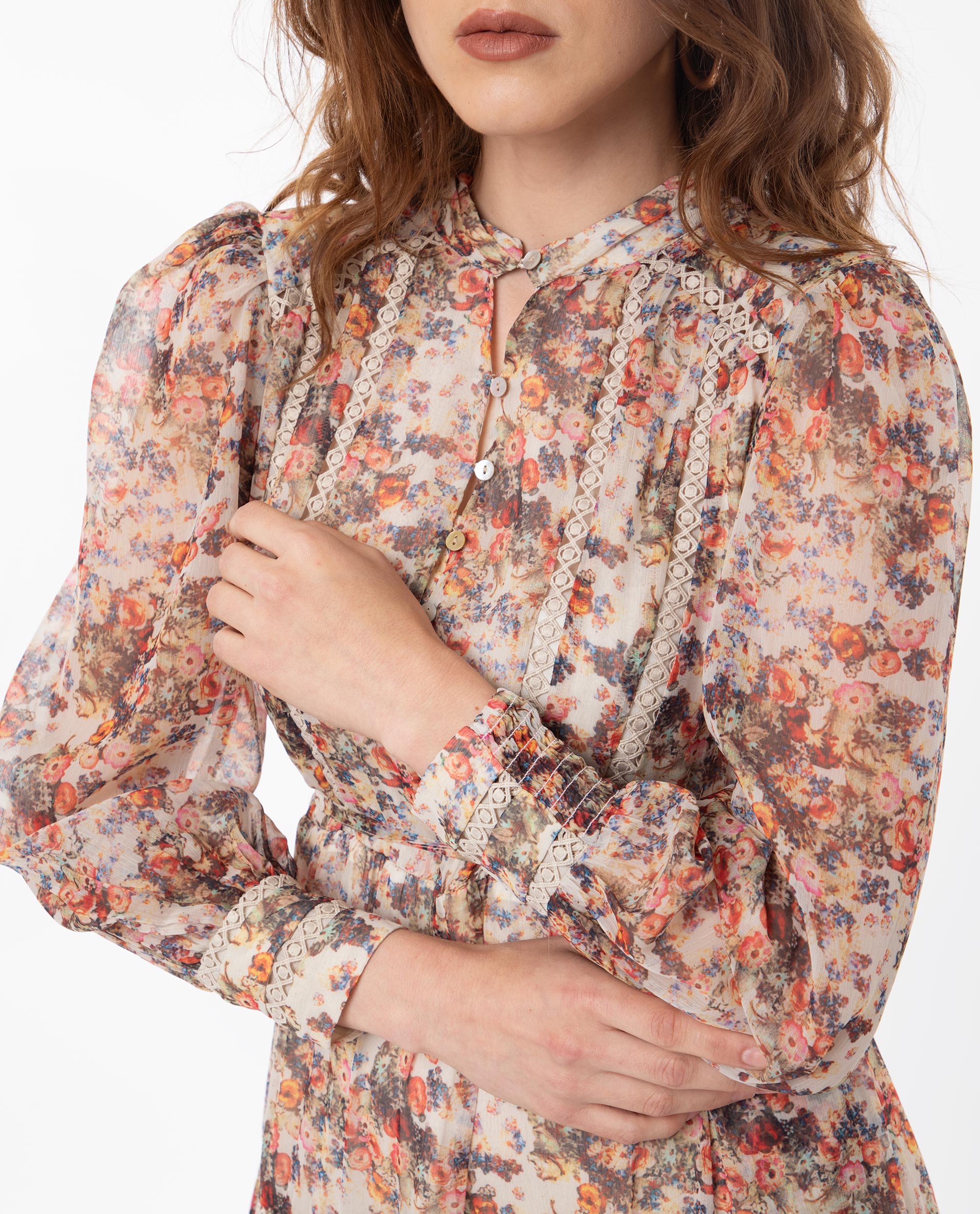 Rareism Women Russell Multi Printed Band Collar With Button Puff Full Sleeves Tiered Midi Dress