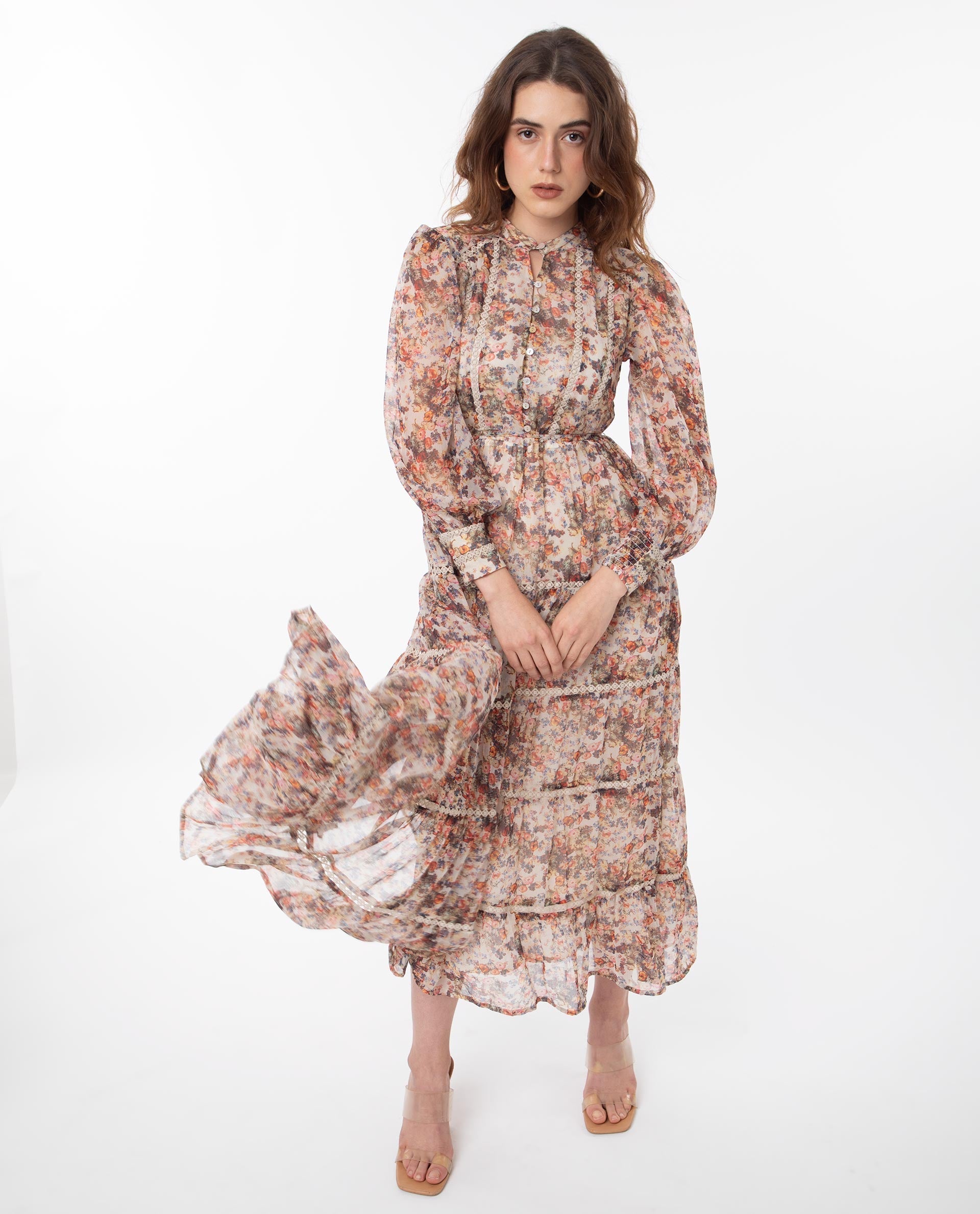 Rareism Women Russell Multi Printed Band Collar With Button Puff Full Sleeves Tiered Midi Dress