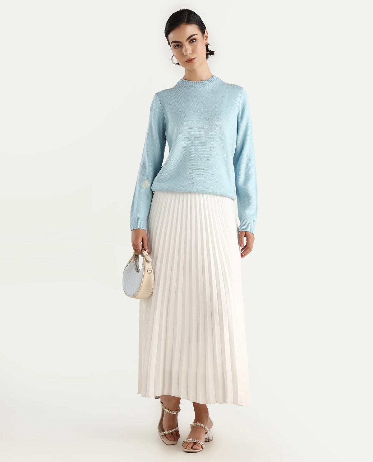 Rareism Women's Ruto Light Blue Acrylic Crew Neck Plain Relaxed Fit Sweater