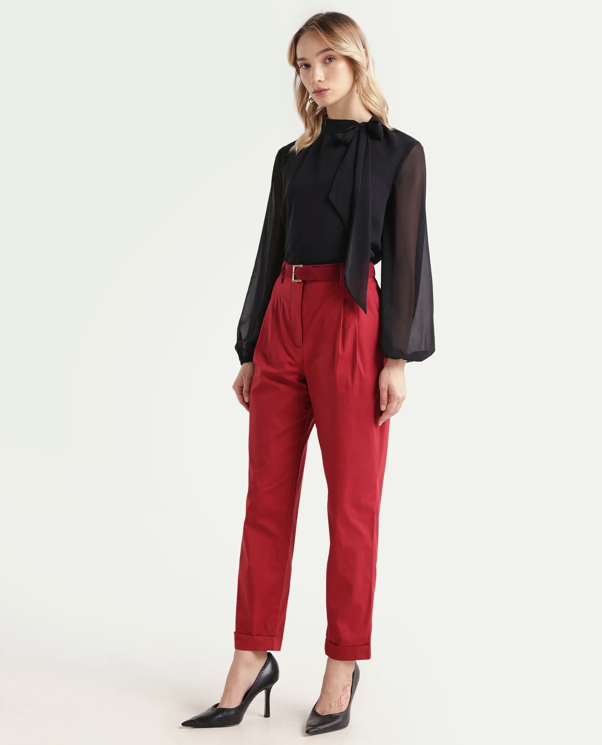 Rareism Women's Ruvz Rust Cotton Blend Plain Ankle Length Straight Fit Trouser