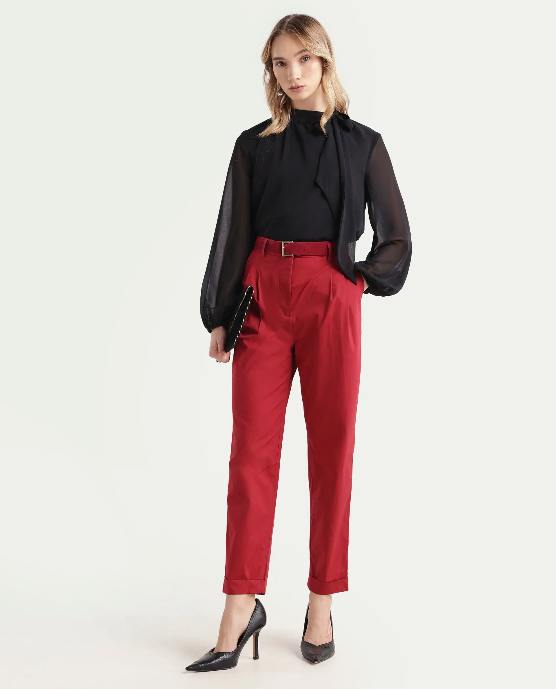 Rareism Women's Ruvz Rust Cotton Blend Plain Ankle Length Straight Fit Trouser