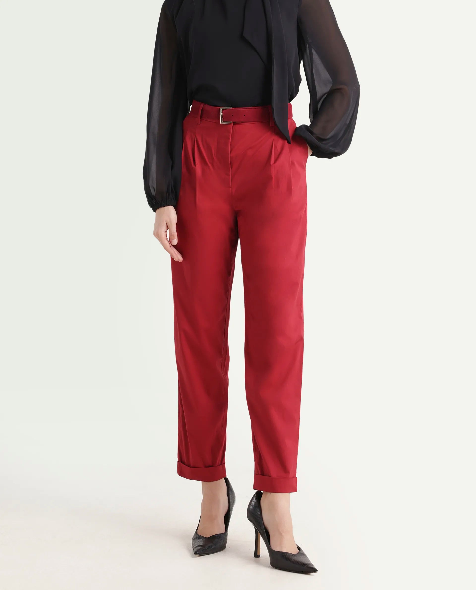 Rareism Women's Ruvz Rust Cotton Blend Plain Ankle Length Straight Fit Trouser