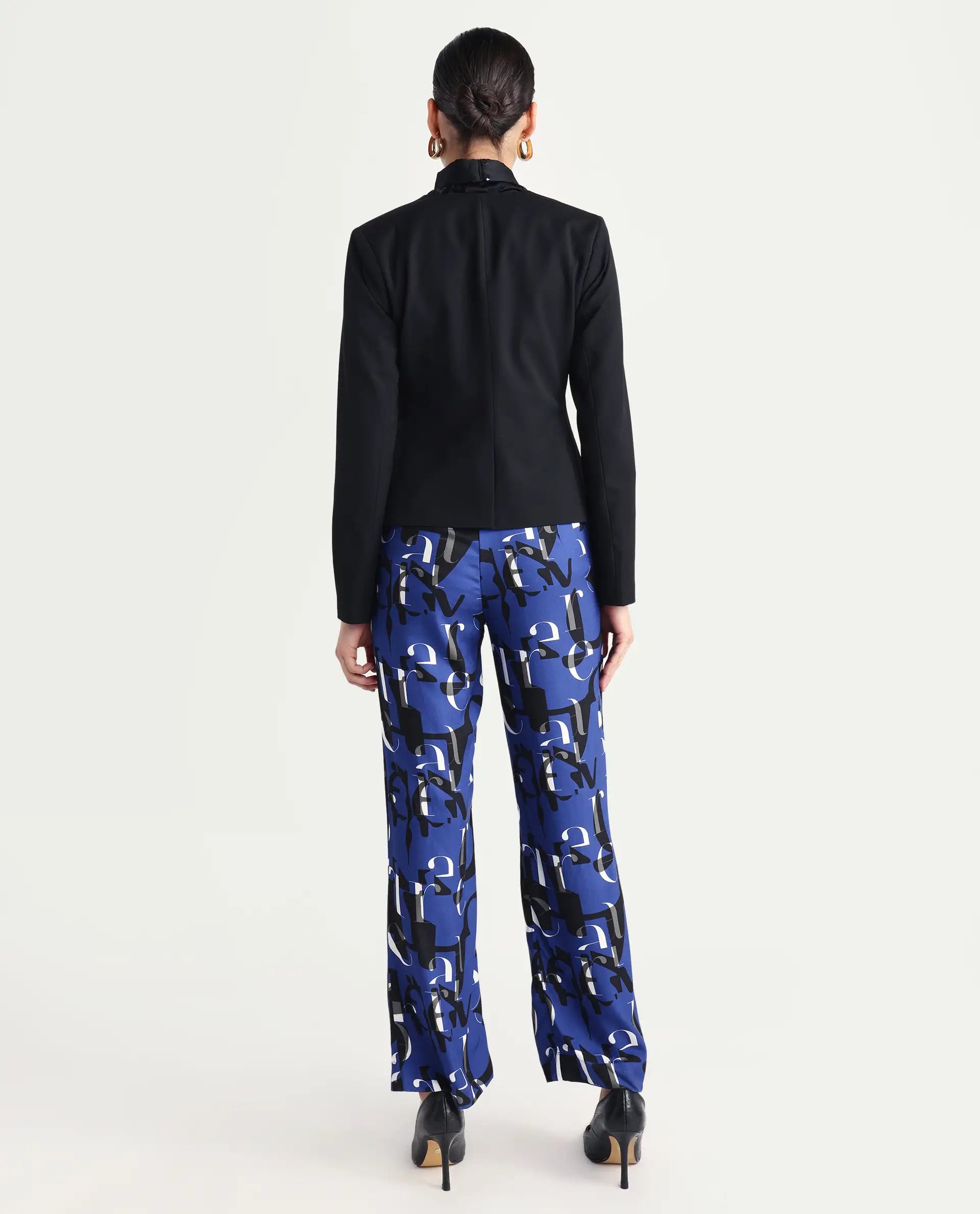 Rareism Women's Ryan Blue Viscose Typography Print Ankle Length Wide Trouser