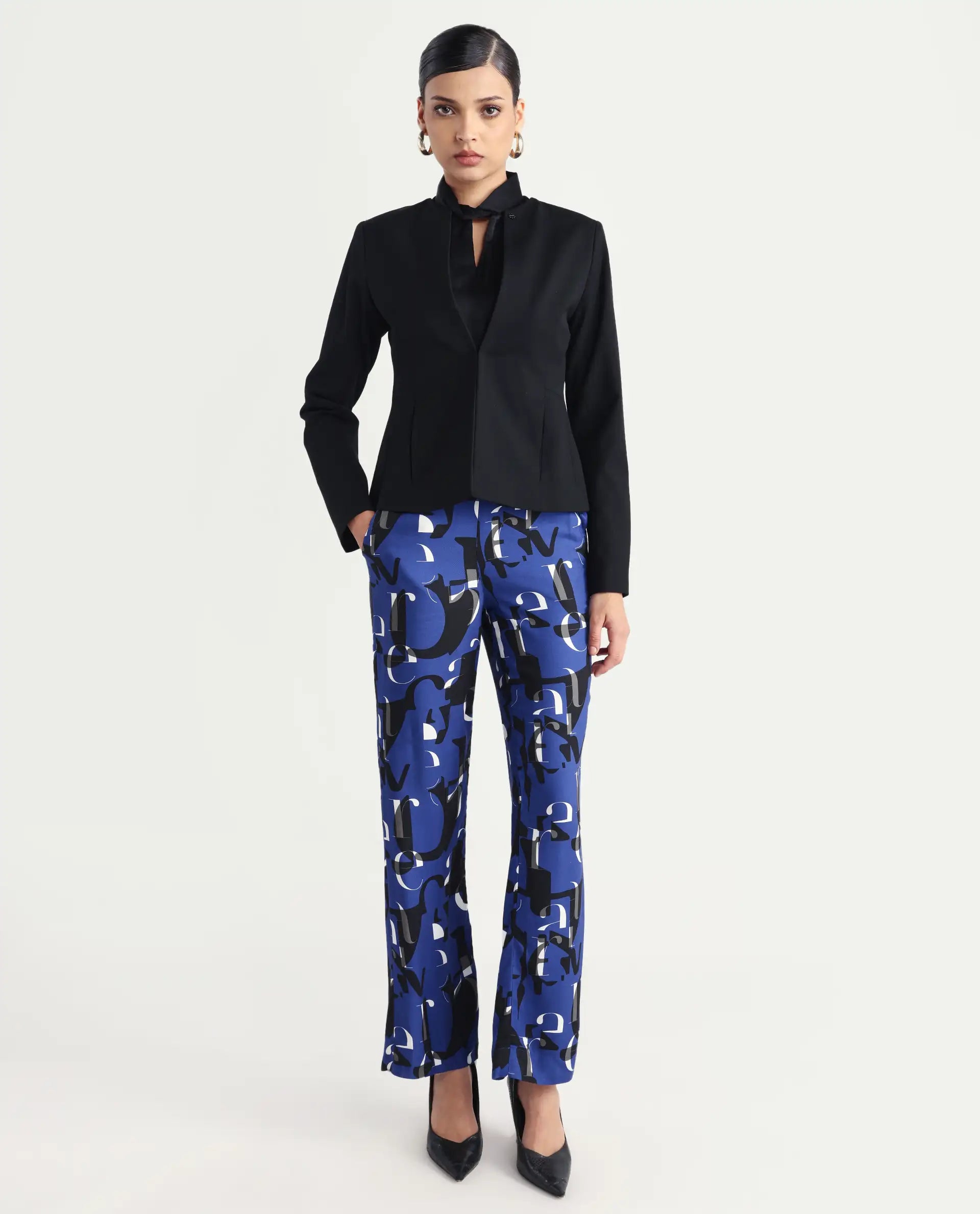 Rareism Women's Ryan Blue Viscose Typography Print Ankle Length Wide Trouser