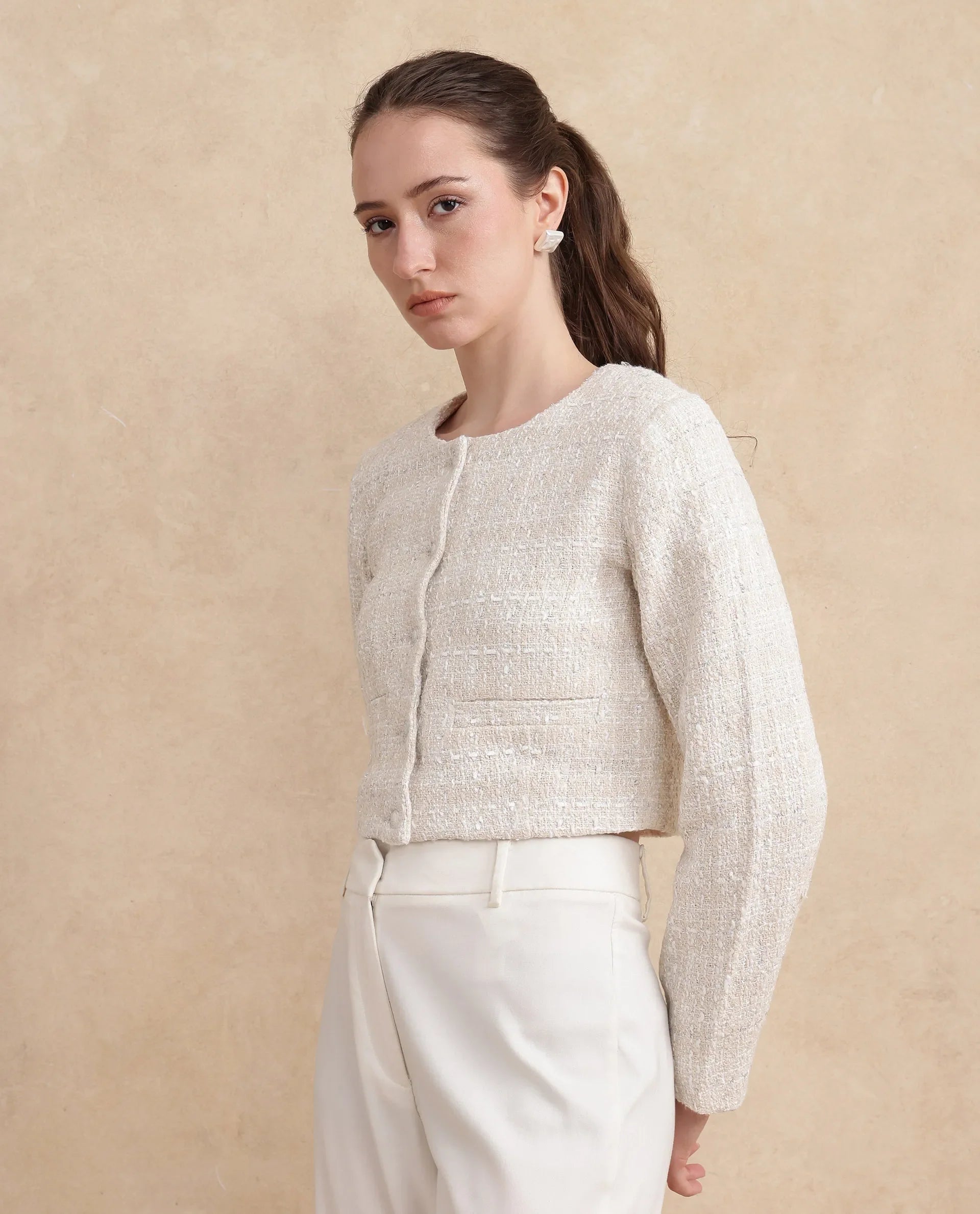 Rareism Women's Rybe Beige Polyester Blend Collarless Plain Crop Regular Fit Jacket