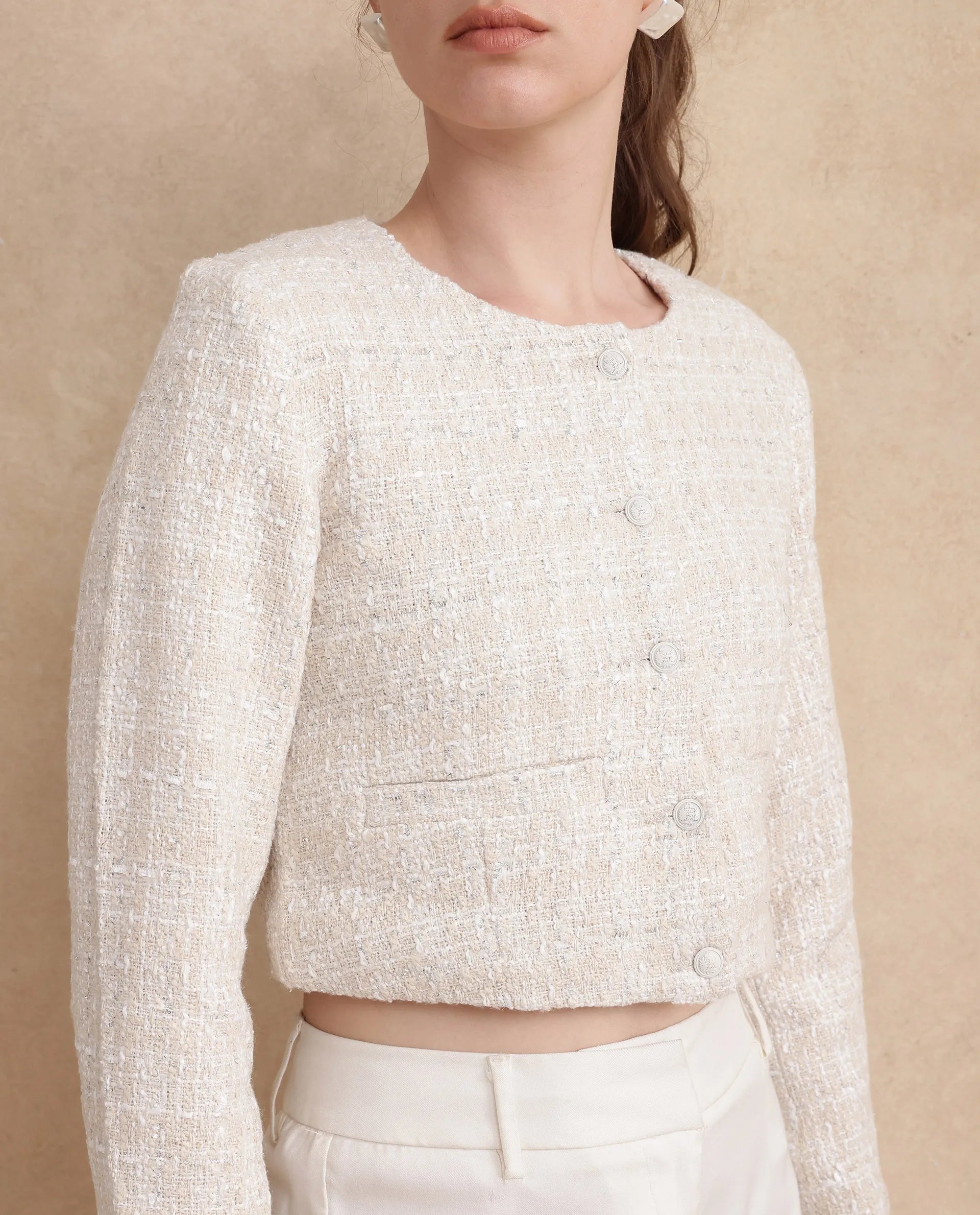 Rareism Women's Rybe Beige Polyester Blend Collarless Plain Crop Regular Fit Jacket