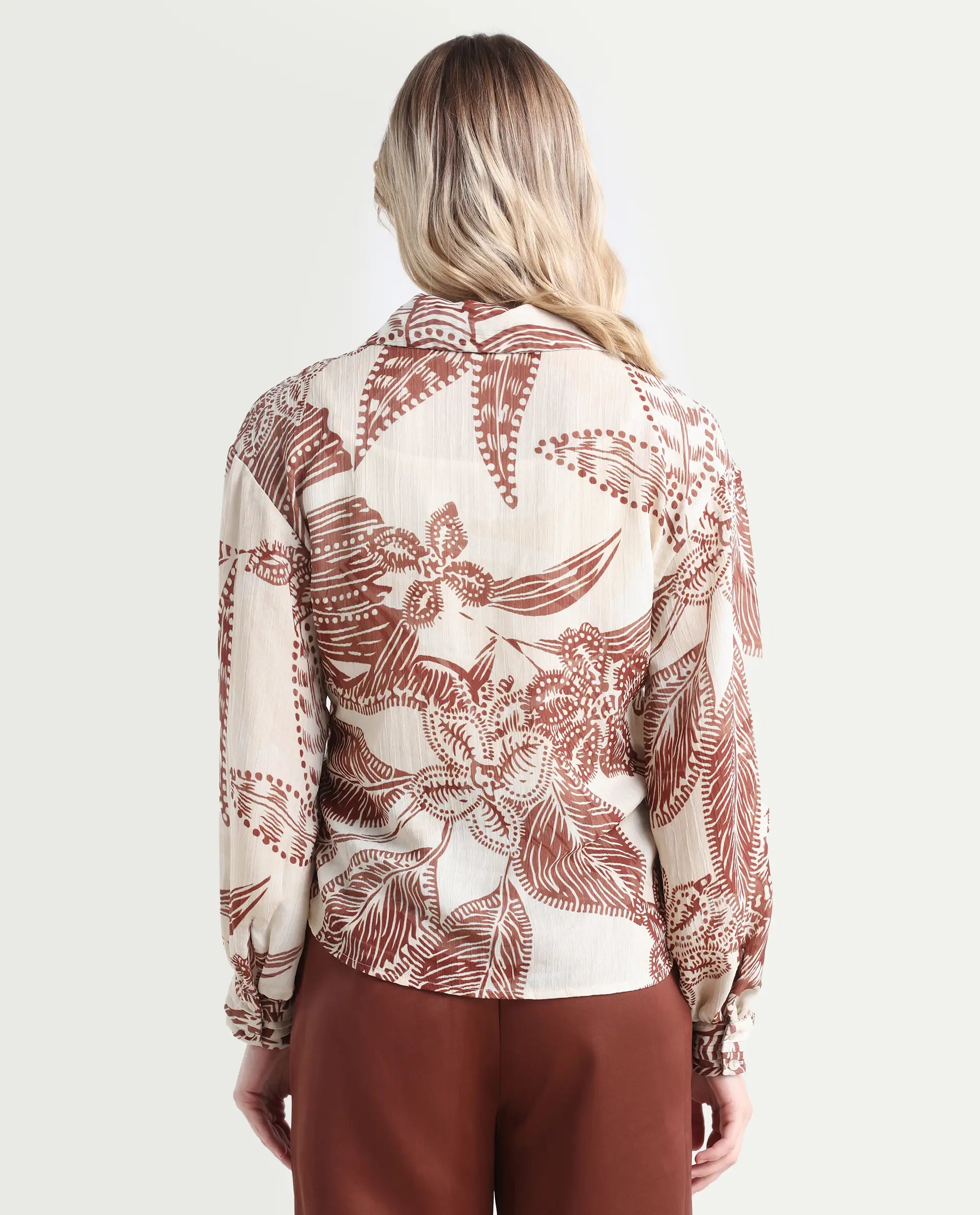 Rareism Women's Ron T Beige Polyester Spread Collar Floral Print Bishop Sleeve Relaxed Fit Top