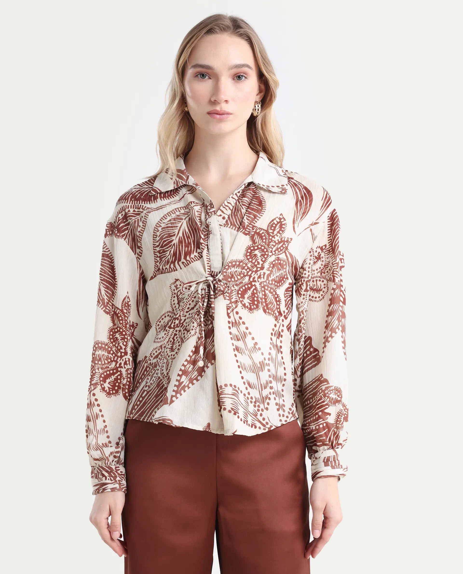 Rareism Women's Ron T Beige Polyester Spread Collar Floral Print Bishop Sleeve Relaxed Fit Top