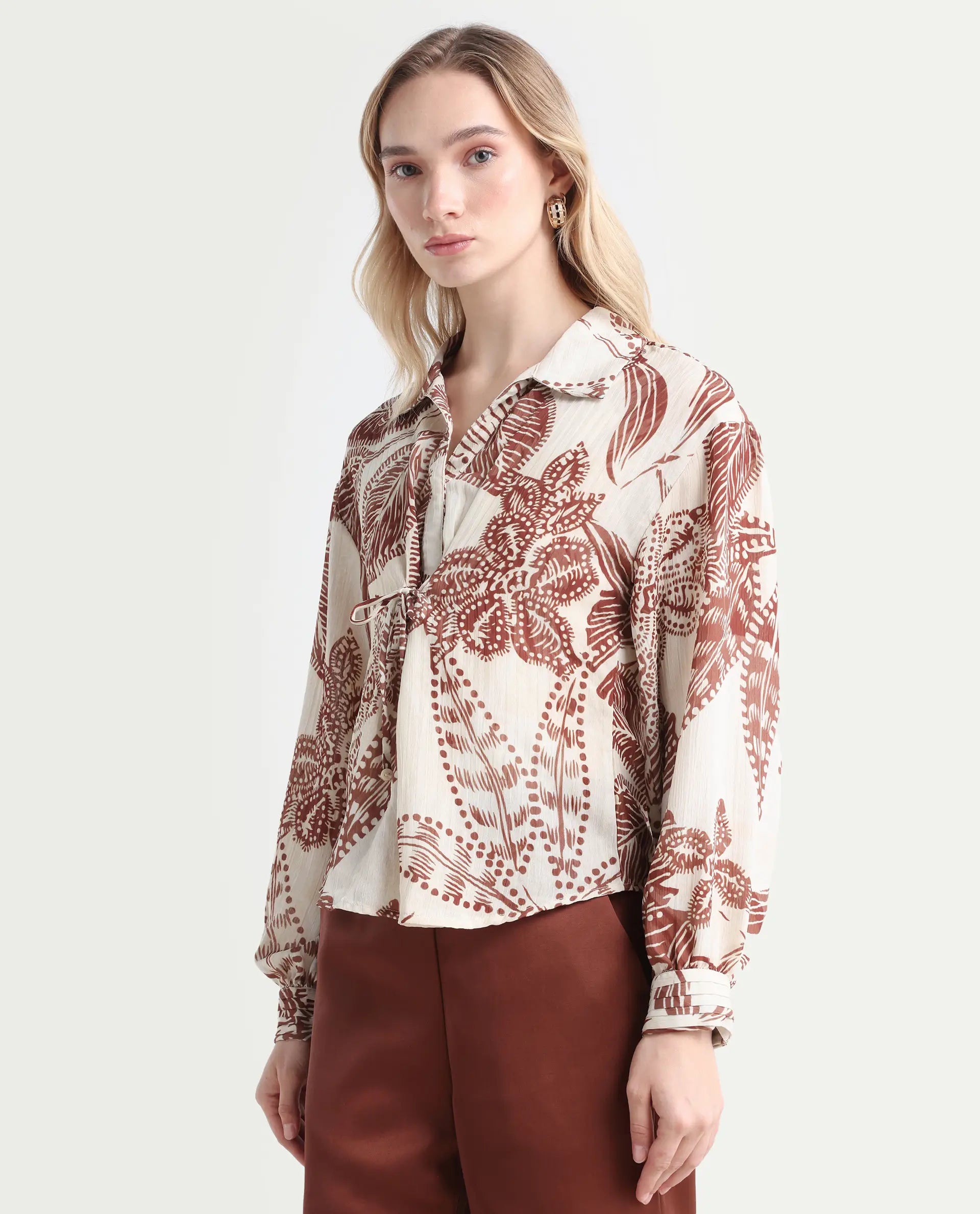 Rareism Women's Ron T Beige Polyester Spread Collar Floral Print Bishop Sleeve Relaxed Fit Top