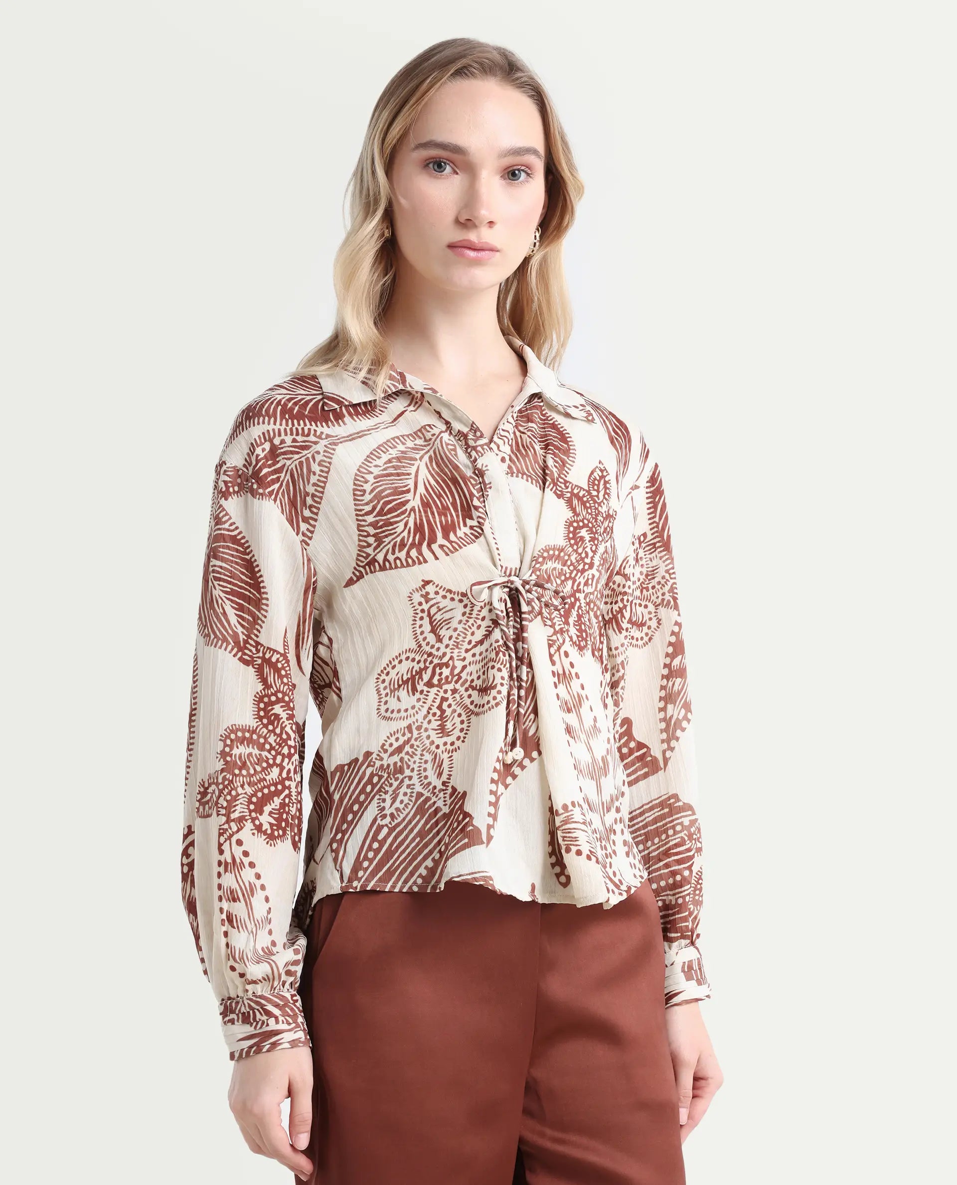 Rareism Women's Ron T Beige Polyester Spread Collar Floral Print Bishop Sleeve Relaxed Fit Top