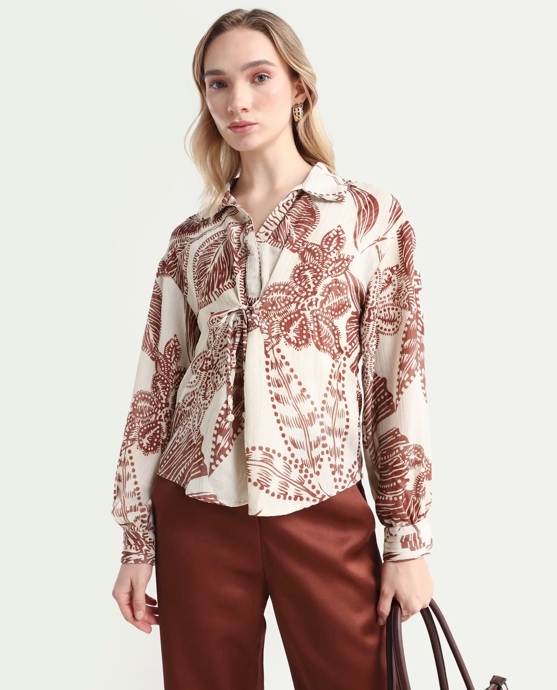 Rareism Women's Ron T Beige Polyester Spread Collar Floral Print Bishop Sleeve Relaxed Fit Top