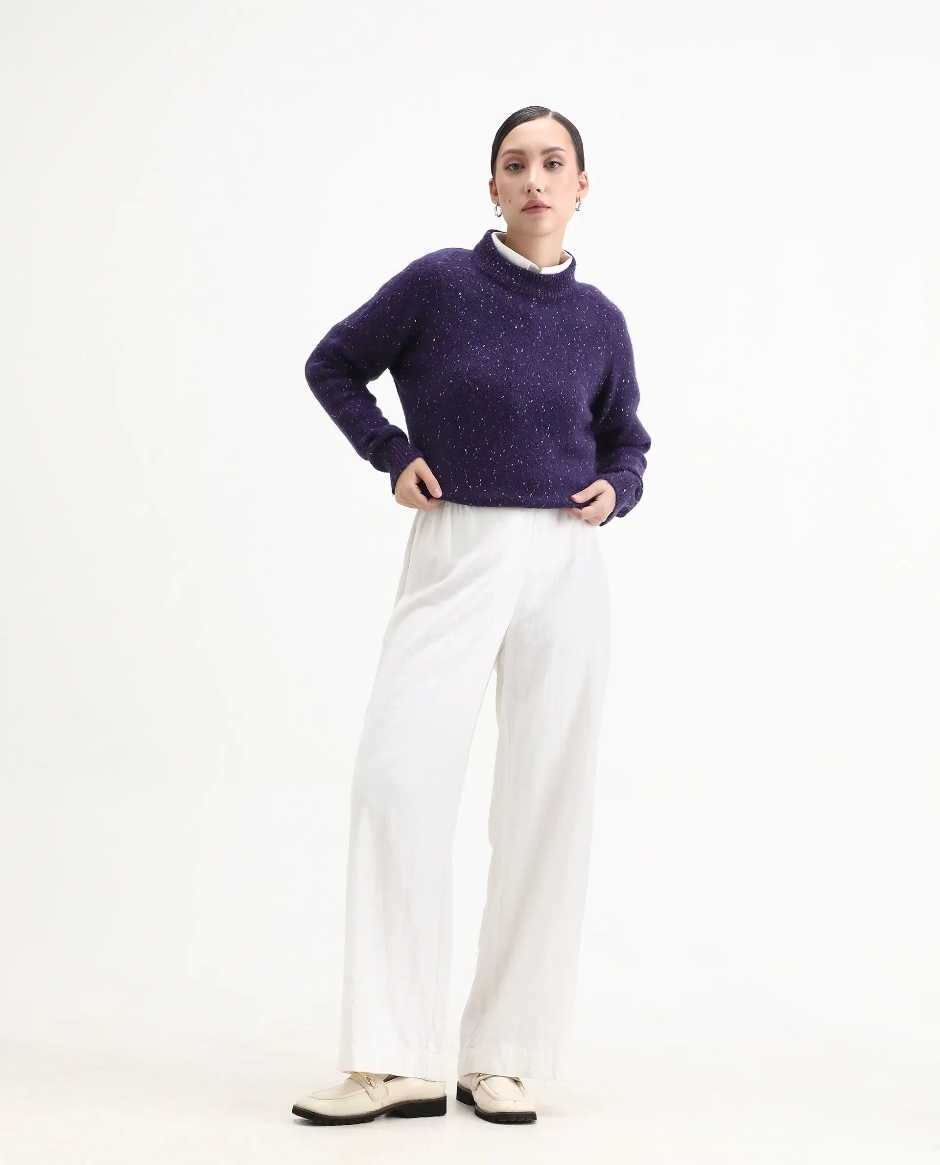 Rareism Women's Tinzol Dark Purple Acrylic Blend Crew Neck Relaxed Fit Sweater