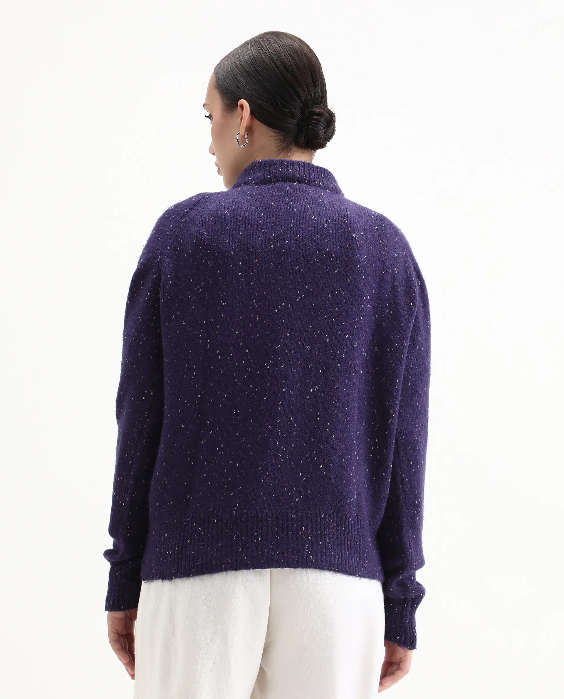 Rareism Women's Tinzol Dark Purple Acrylic Blend Crew Neck Relaxed Fit Sweater