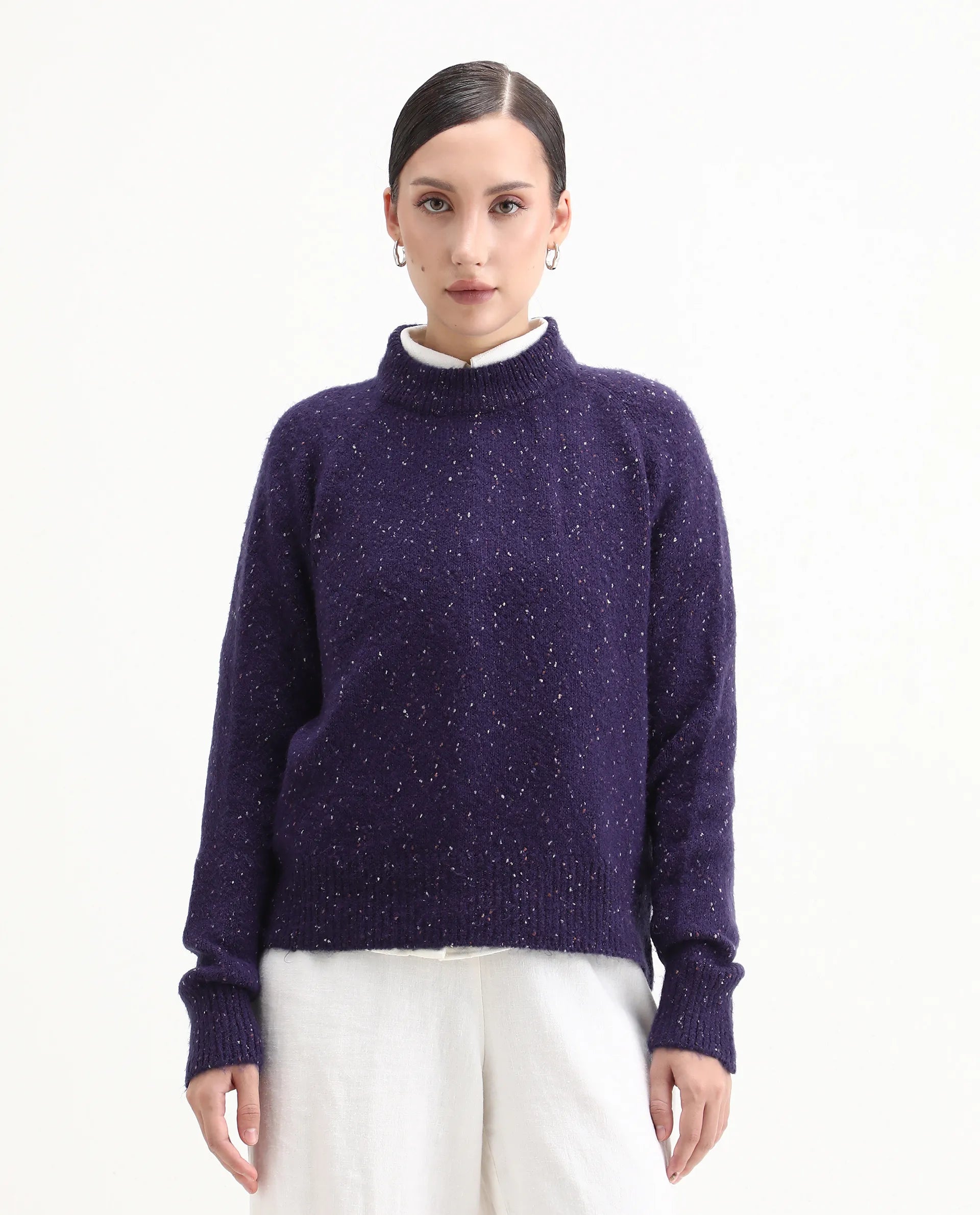 Rareism Women's Tinzol Dark Purple Acrylic Blend Crew Neck Relaxed Fit Sweater