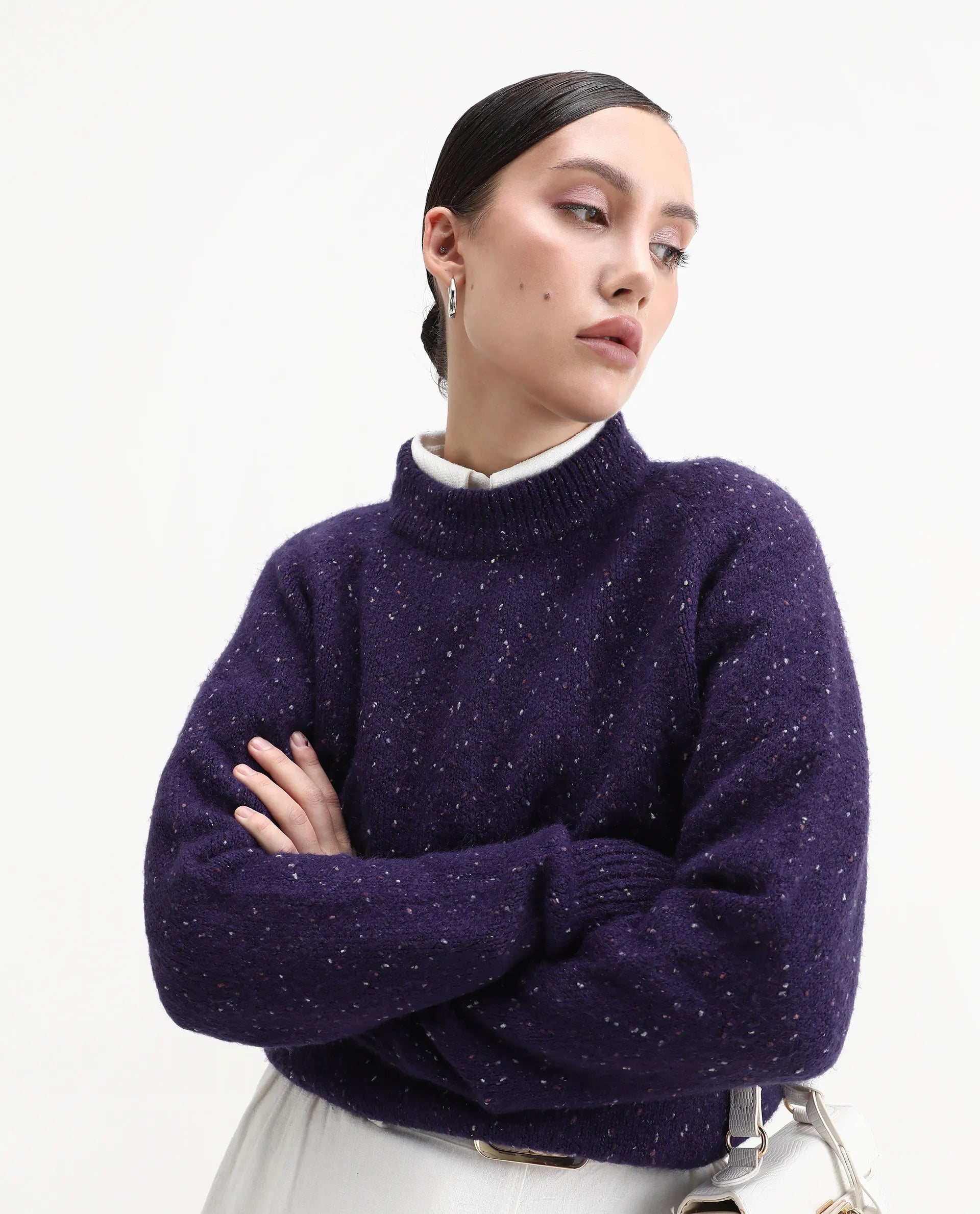 Rareism Women's Tinzol Dark Purple Acrylic Blend Crew Neck Relaxed Fit Sweater