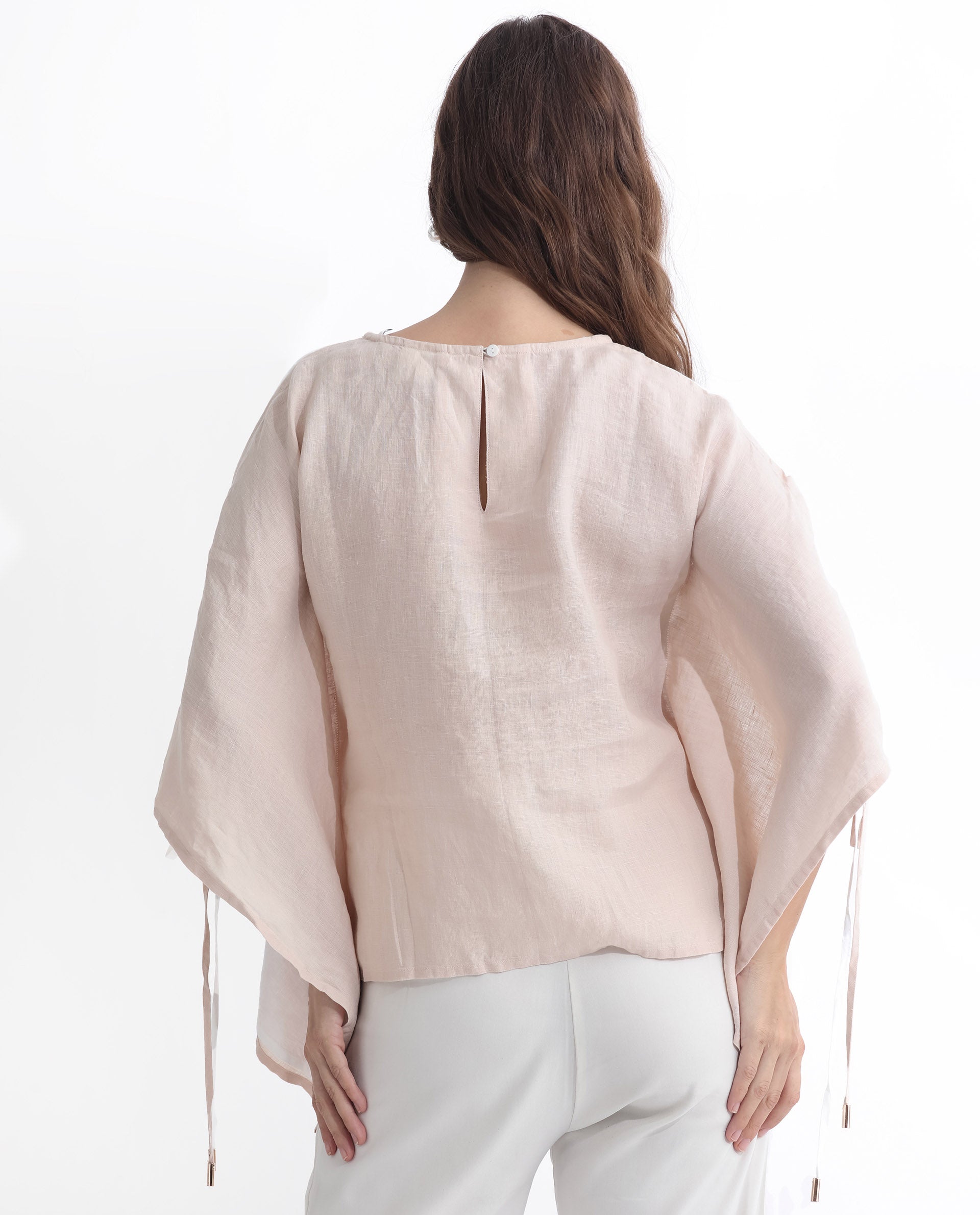 Rareism Women Safron White Linen Fabric Regular Fit Boat Neck Half Sleeves Solid Top