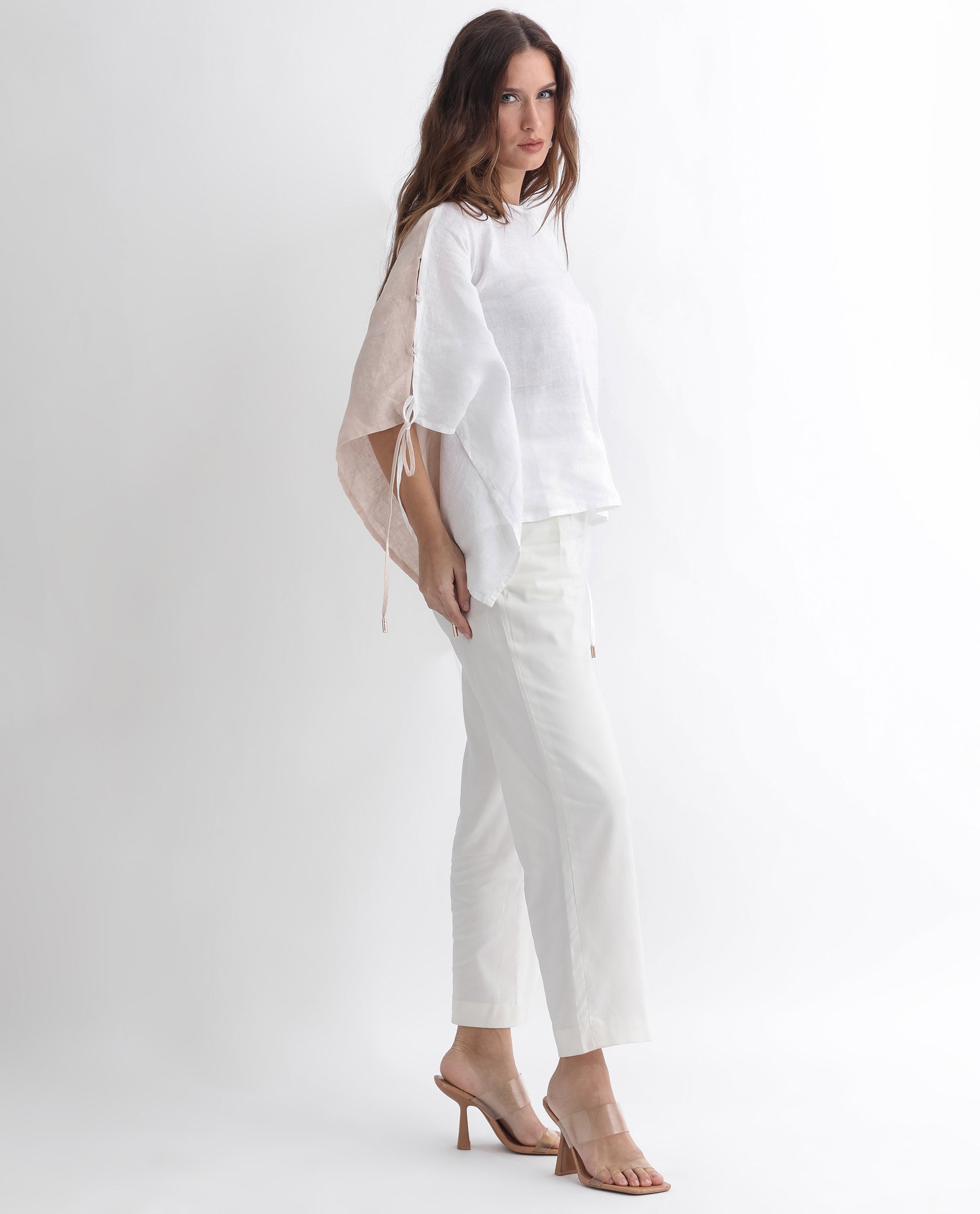 Rareism Women Safron White Linen Fabric Regular Fit Boat Neck Half Sleeves Solid Top