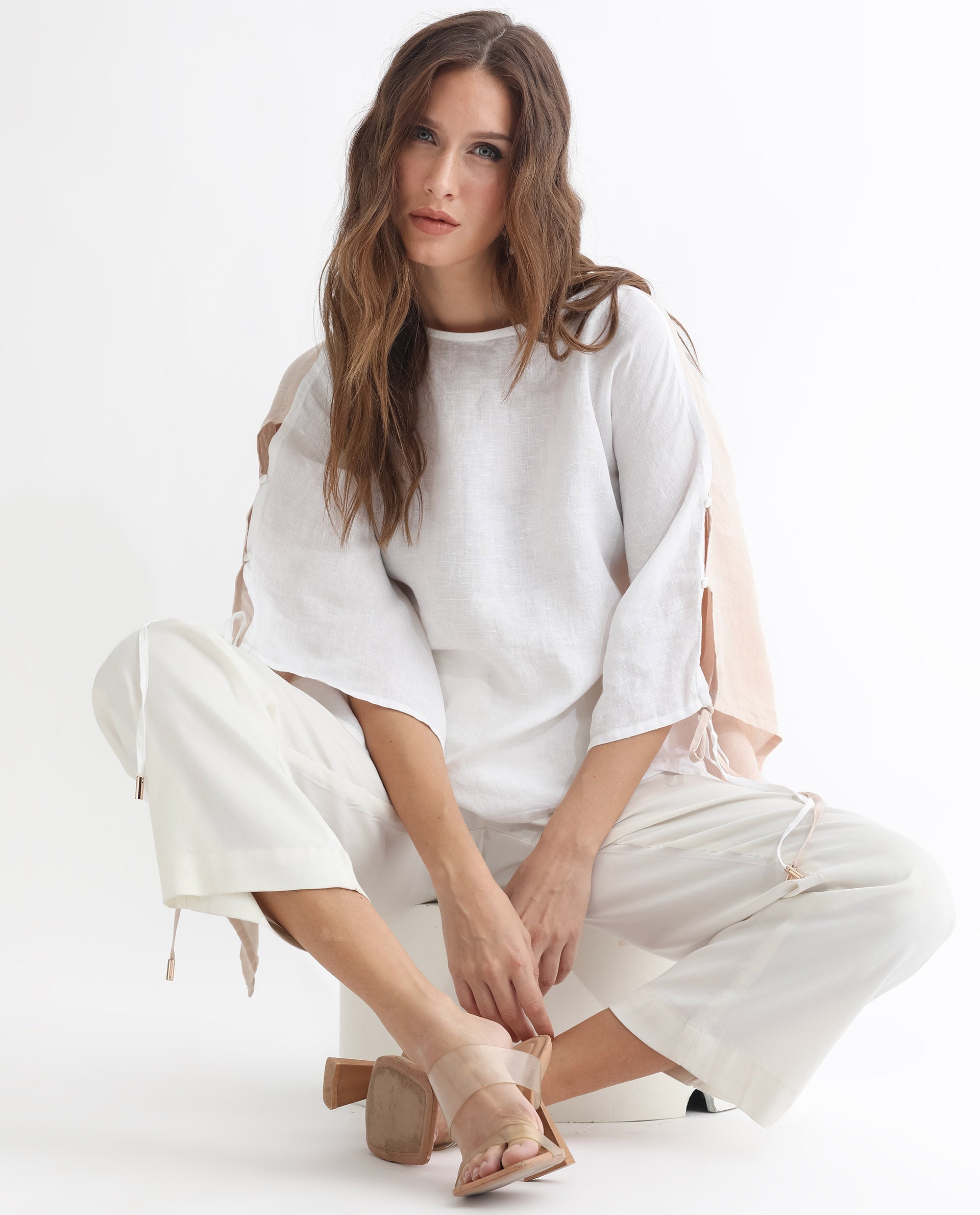 Rareism Women Safron White Linen Fabric Regular Fit Boat Neck Half Sleeves Solid Top