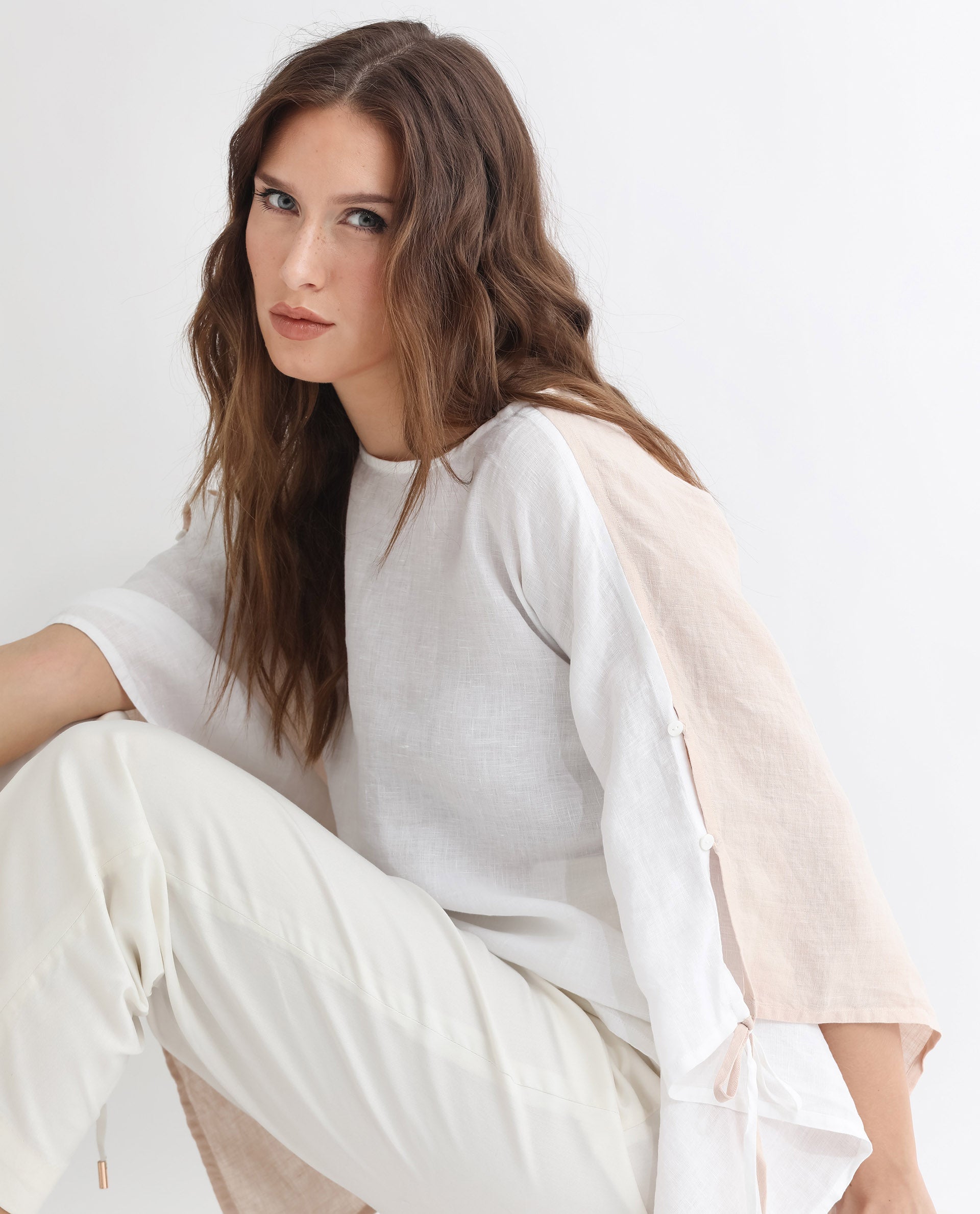 Rareism Women Safron White Linen Fabric Regular Fit Boat Neck Half Sleeves Solid Top