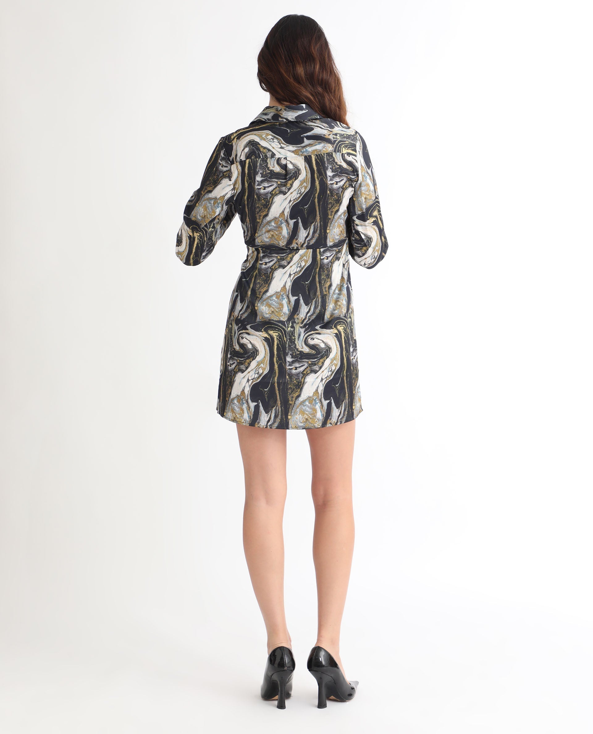 Rareism Women Sager Black Polyester Fabric Full Sleeves Tie-Up Closure Shirt Collar Regular Fit Abstract Print Short Wrap Dress