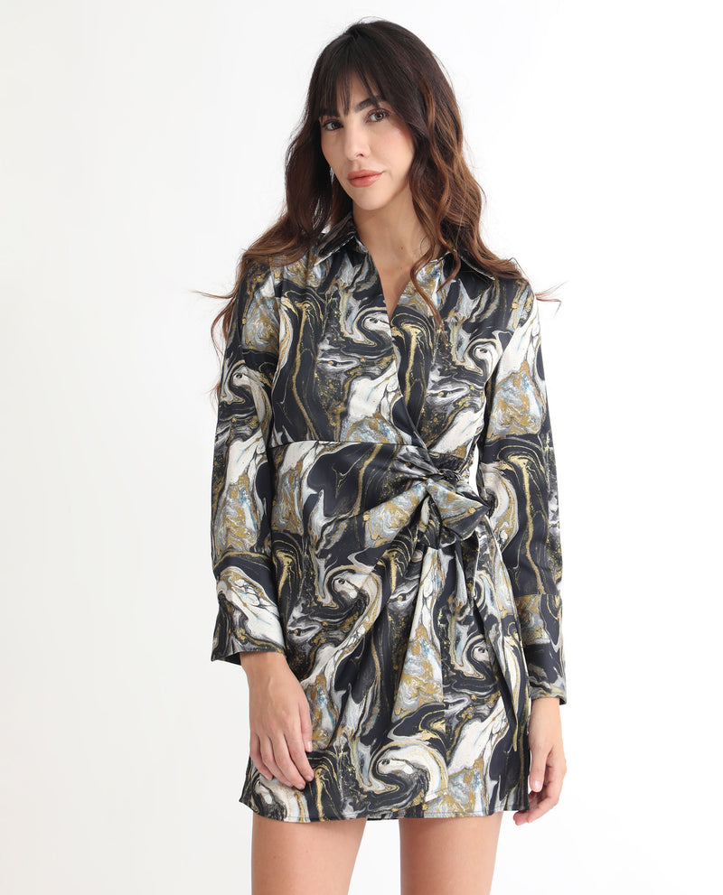 Rareism Women Sager Black Polyester Fabric Full Sleeves Tie-Up Closure Shirt Collar Regular Fit Abstract Print Short Wrap Dress