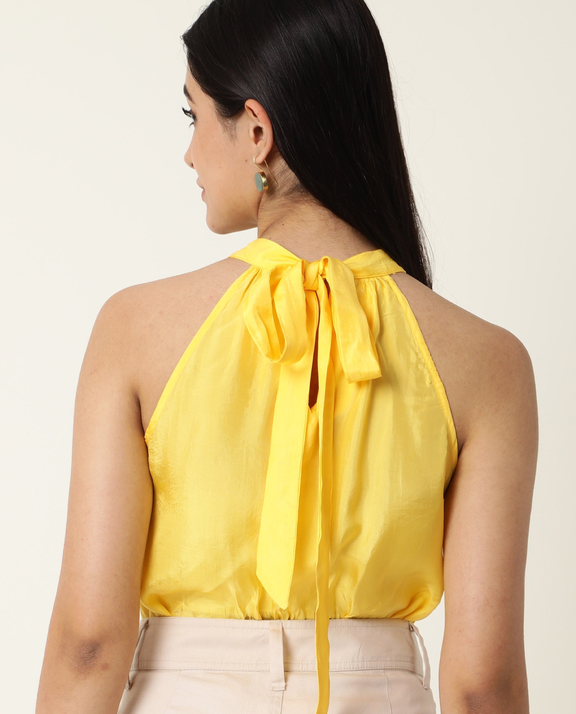 Rareism Women Sahano Yellow Poly Viscose Fabric Slim Fit Halter Neck Sleeveless Solid Top